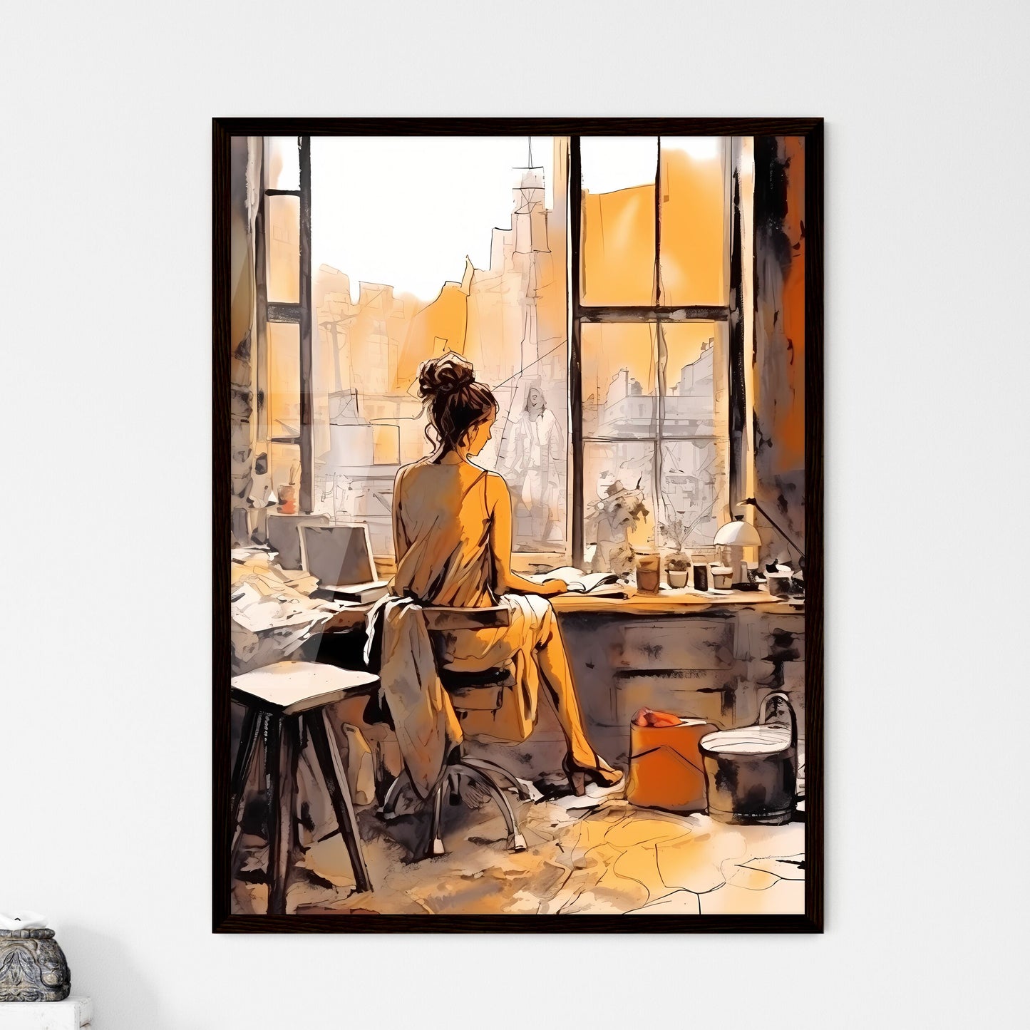 A Poster of Woman working at loft office - A - Framed Art Print