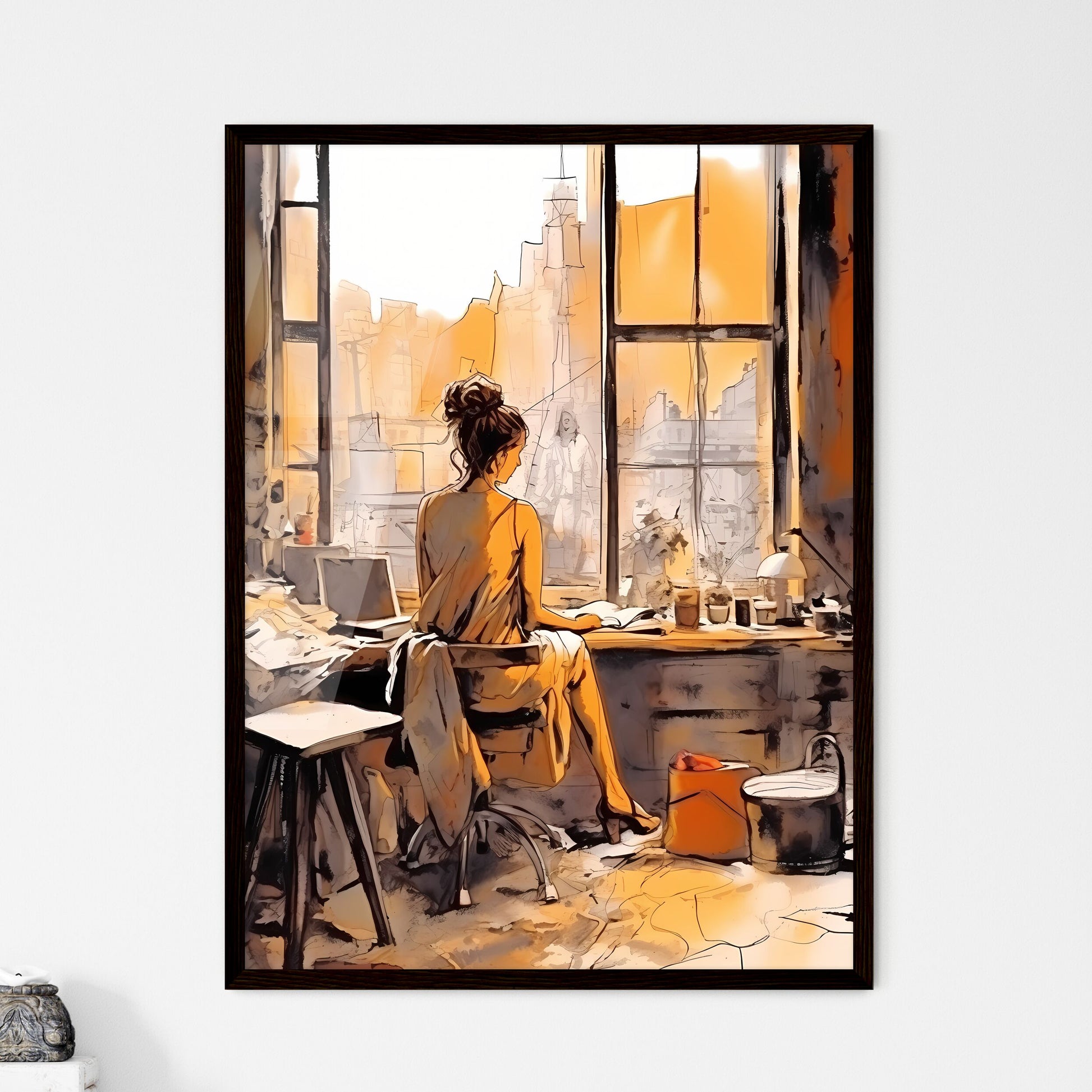 A Poster of Woman working at loft office - A - Framed Art Print