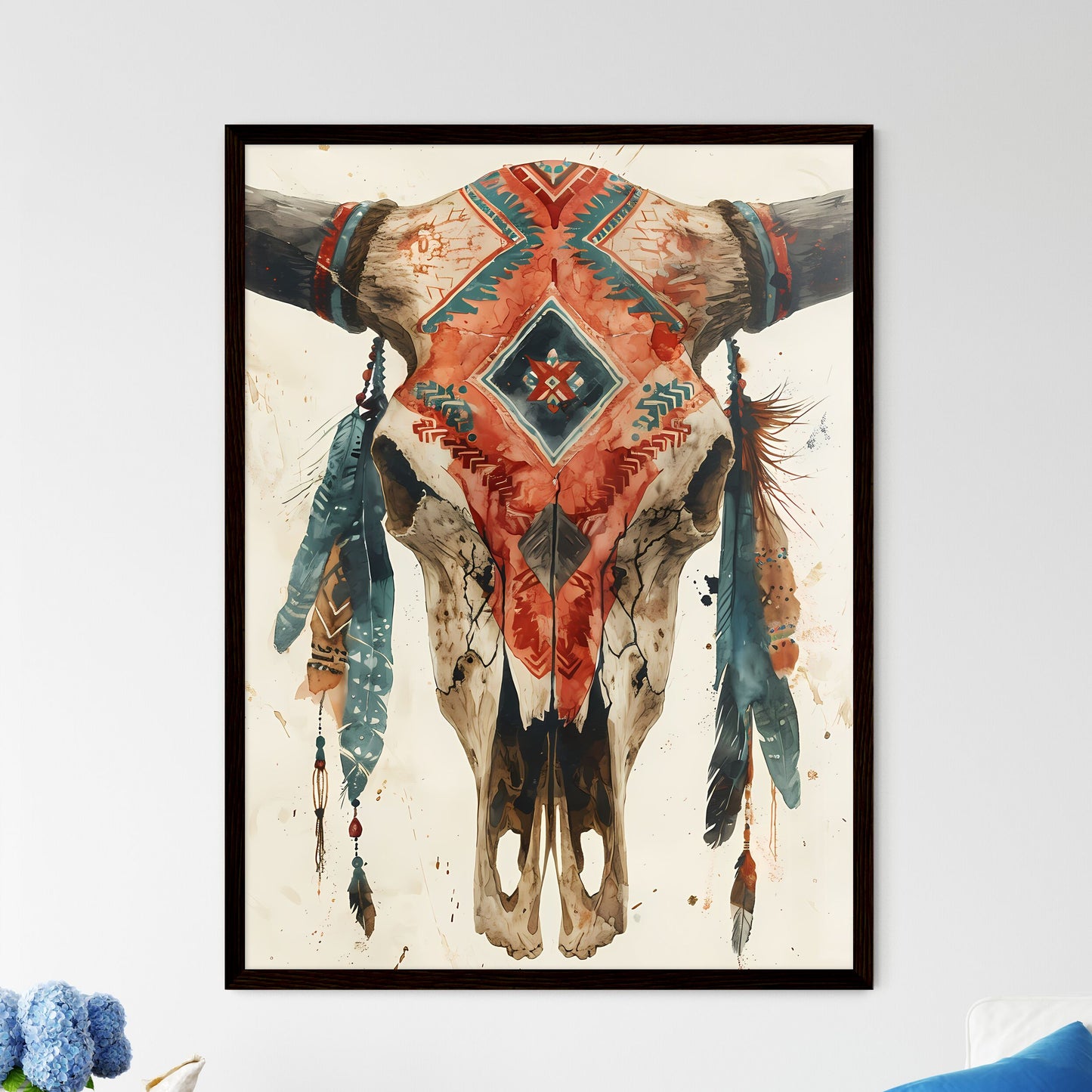 A Poster of native american cow skull  Wall Art