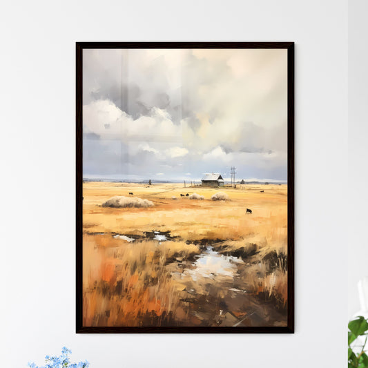 A Poster of Farm on The Plains of Obscurity - A Field With Cows And A House Framed Art