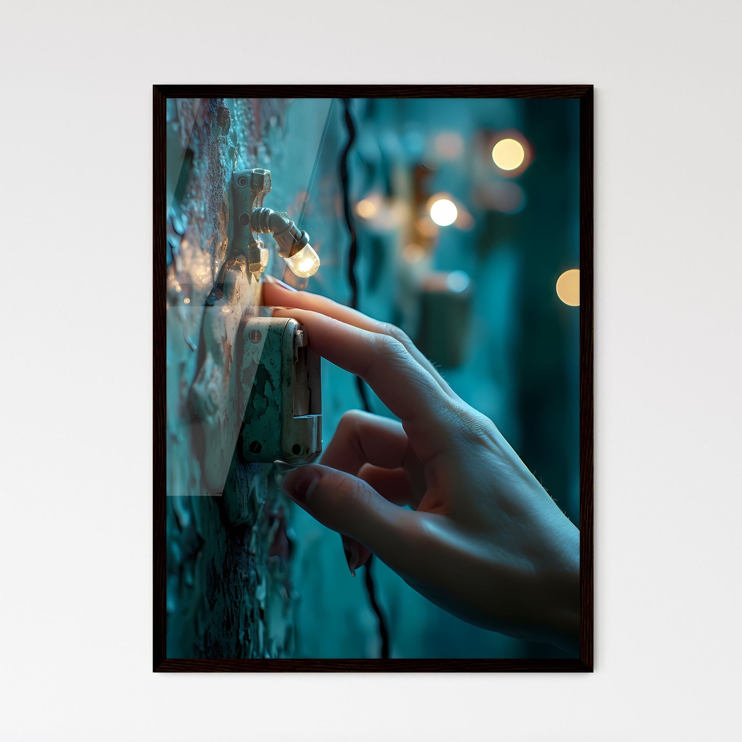 A Poster of photography of a hand turning on - Framed Art Print