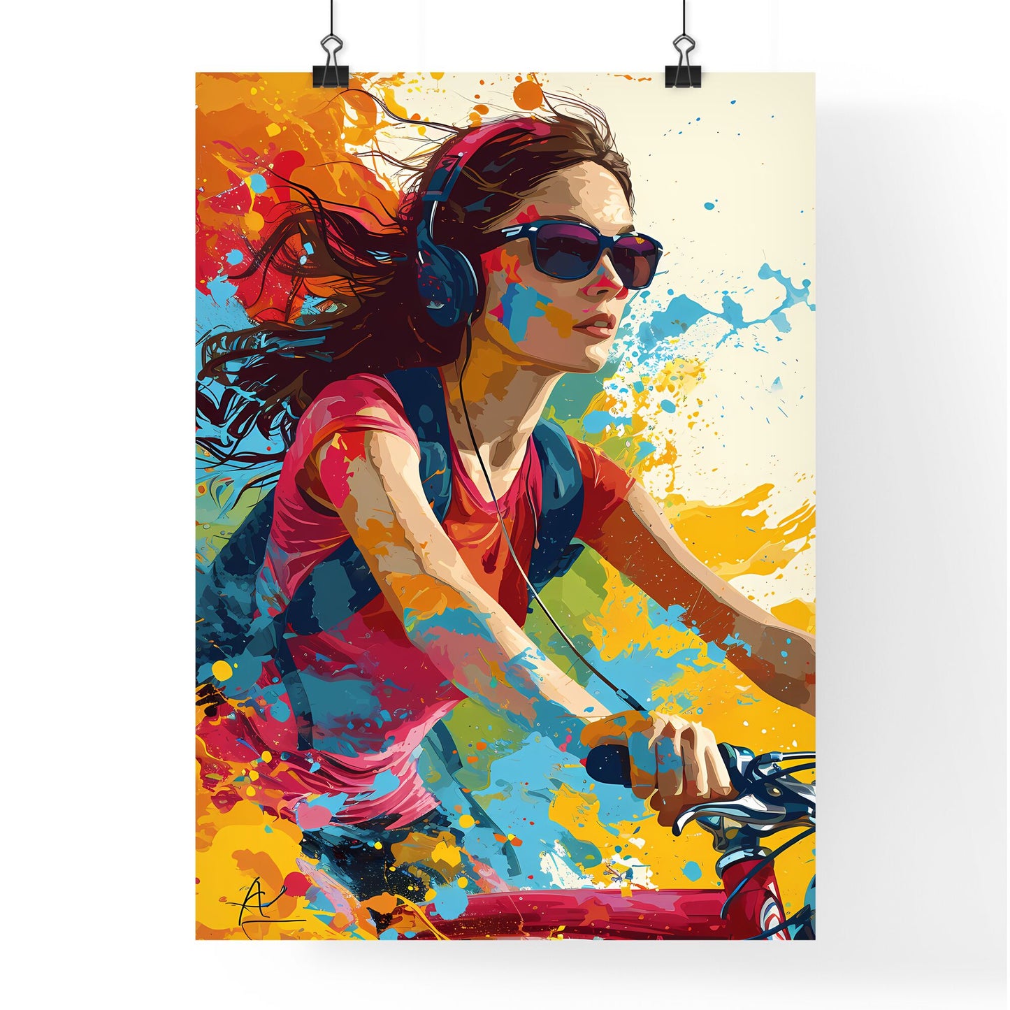 A Poster of an art illustration of a triathlon - A Woman Riding A Bike With Colorful Paint Splashes Default Title