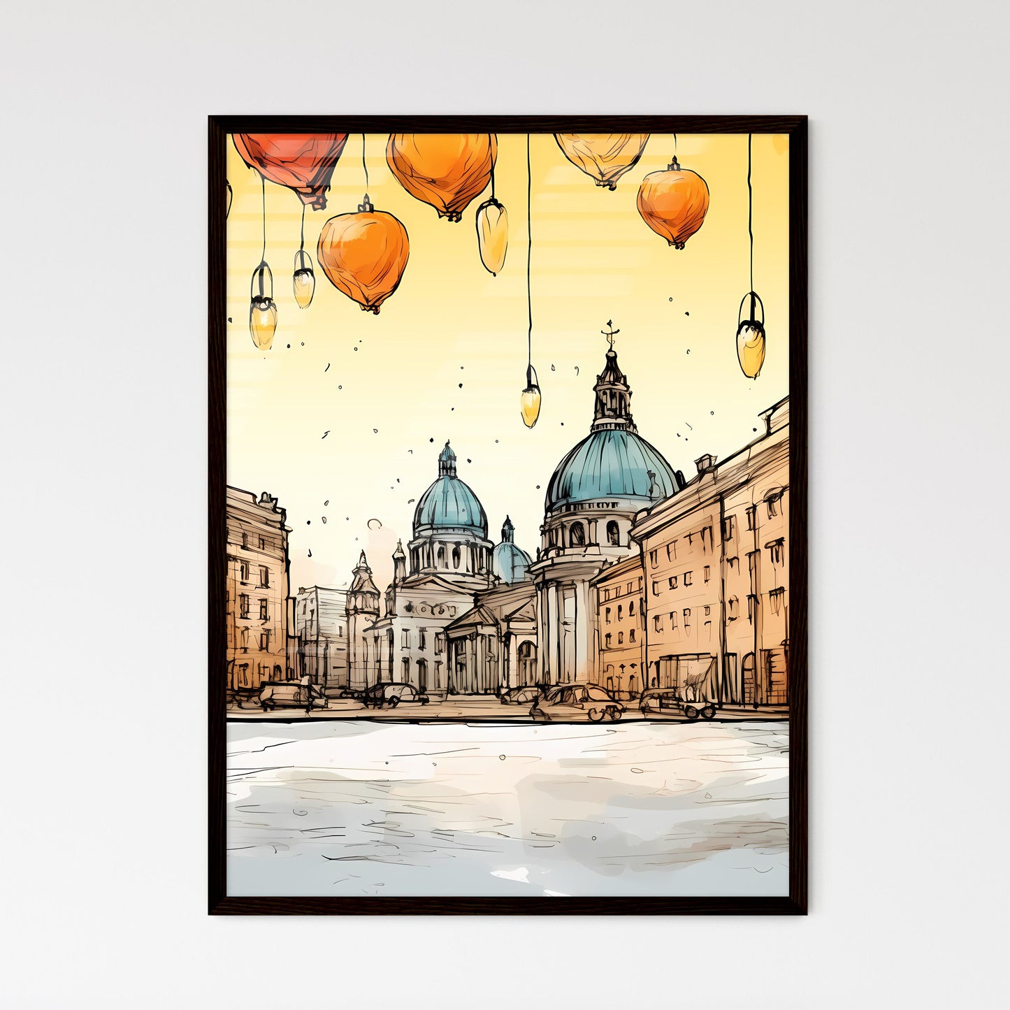 A Poster of Christmas greeting poster with christmas decorations - A Drawing Of A City With Buildings And Lanterns Framed Art