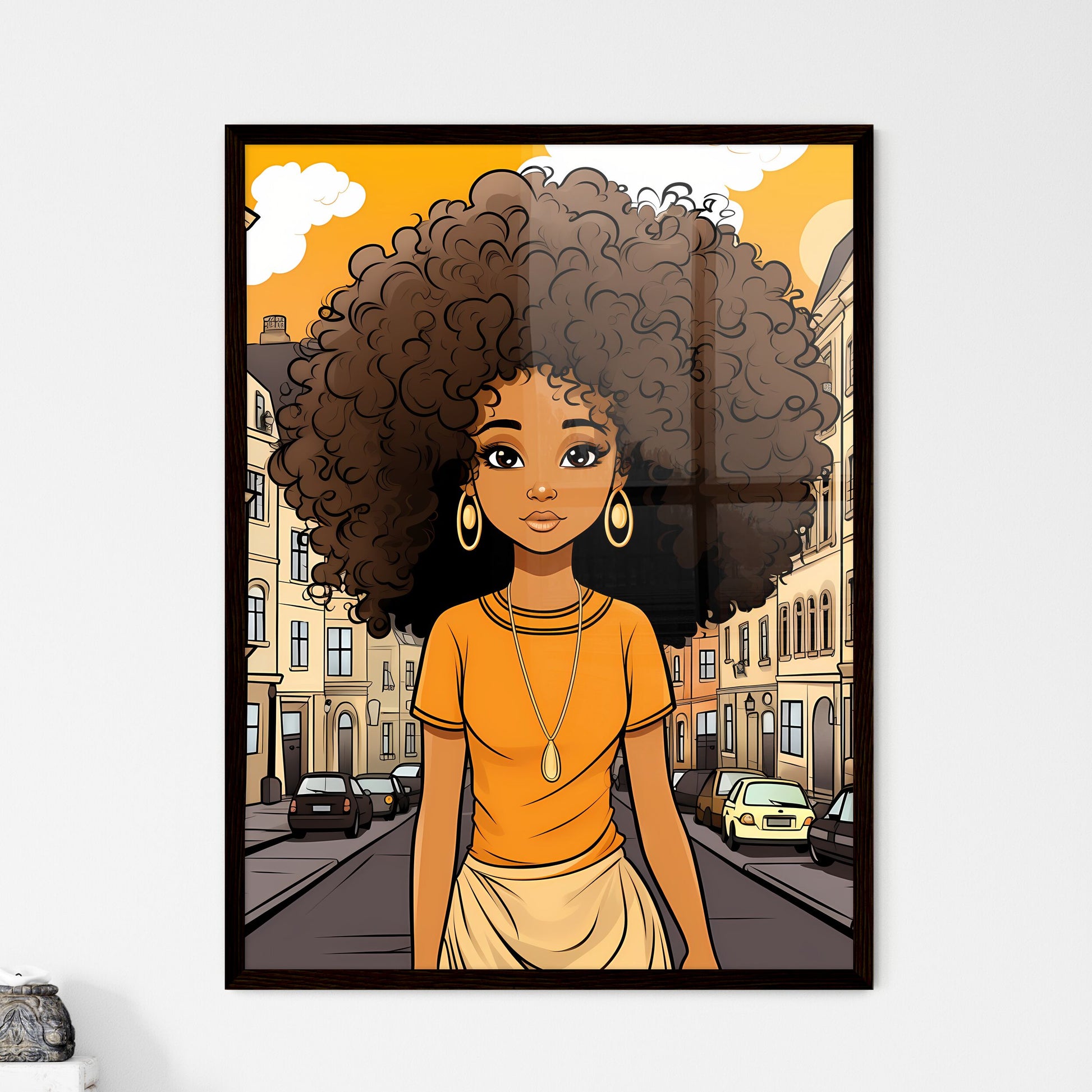 A Poster of cute afro girl - Cartoon Of A Woman With Big Curly Hair Framed Art