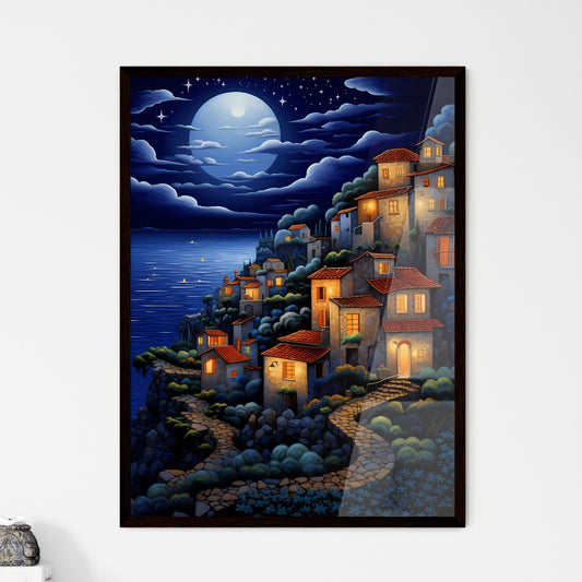 A Poster of painting of a night scene - A Painting Of A Town On A Hill With A Moon In The Sky Framed Art