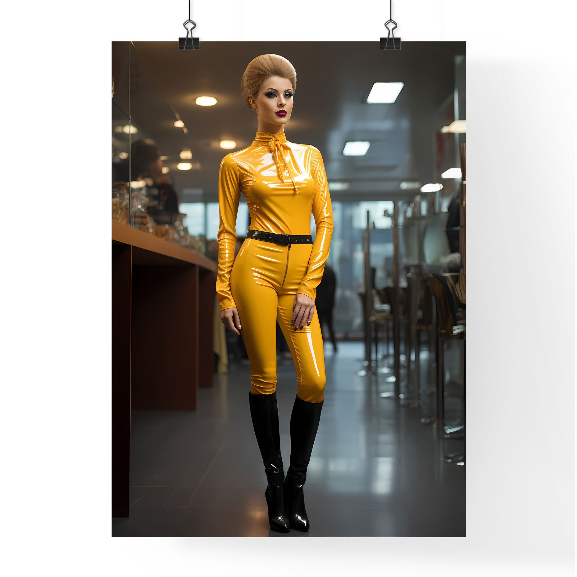 A Poster of beautiful upright standing lady - A Woman In A Yellow Latex Suit Default Title