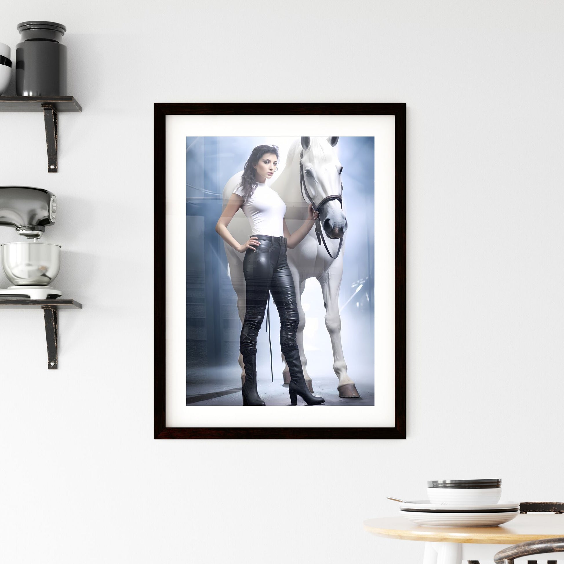 A Poster of a woman in black stiletto boots - A Woman Standing Next To A Horse Default Title