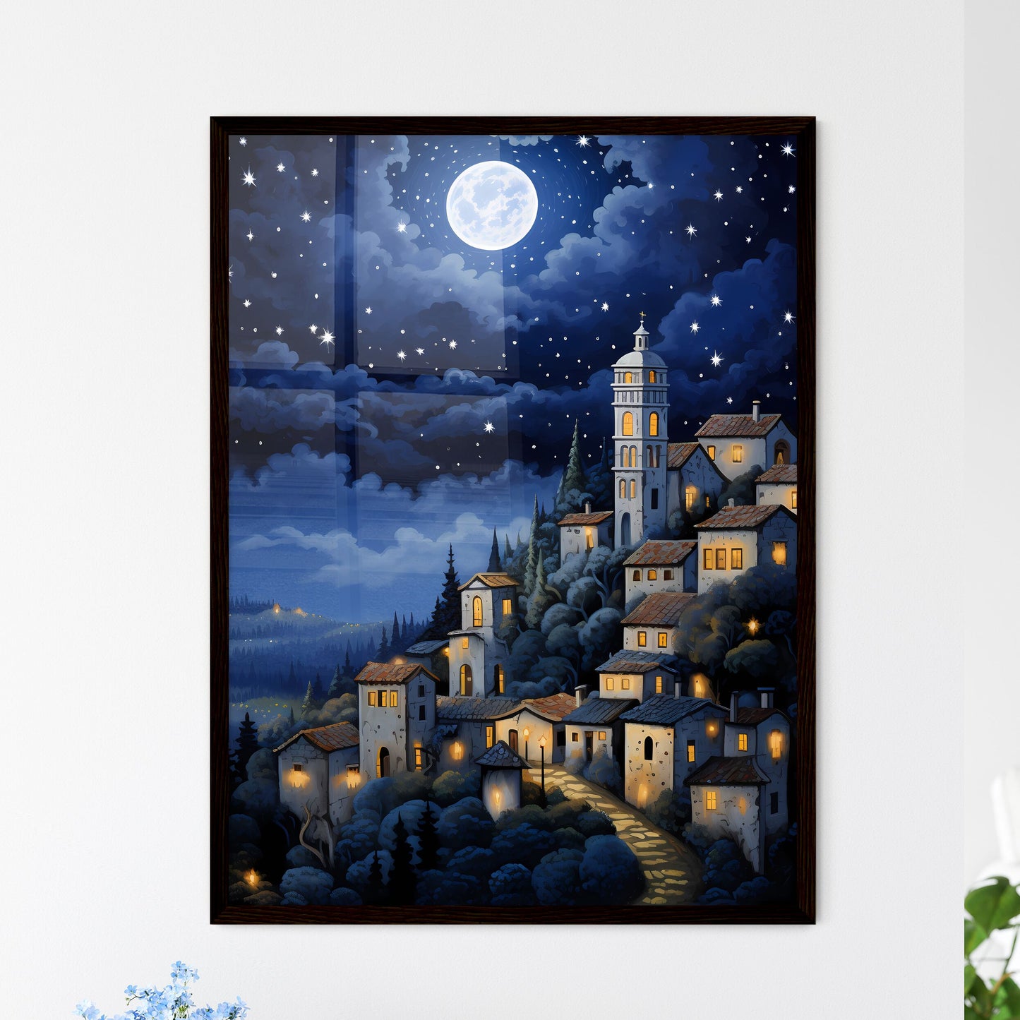 A Poster of painting of a night scene - A Painting Of A Town On A Hill Framed Art