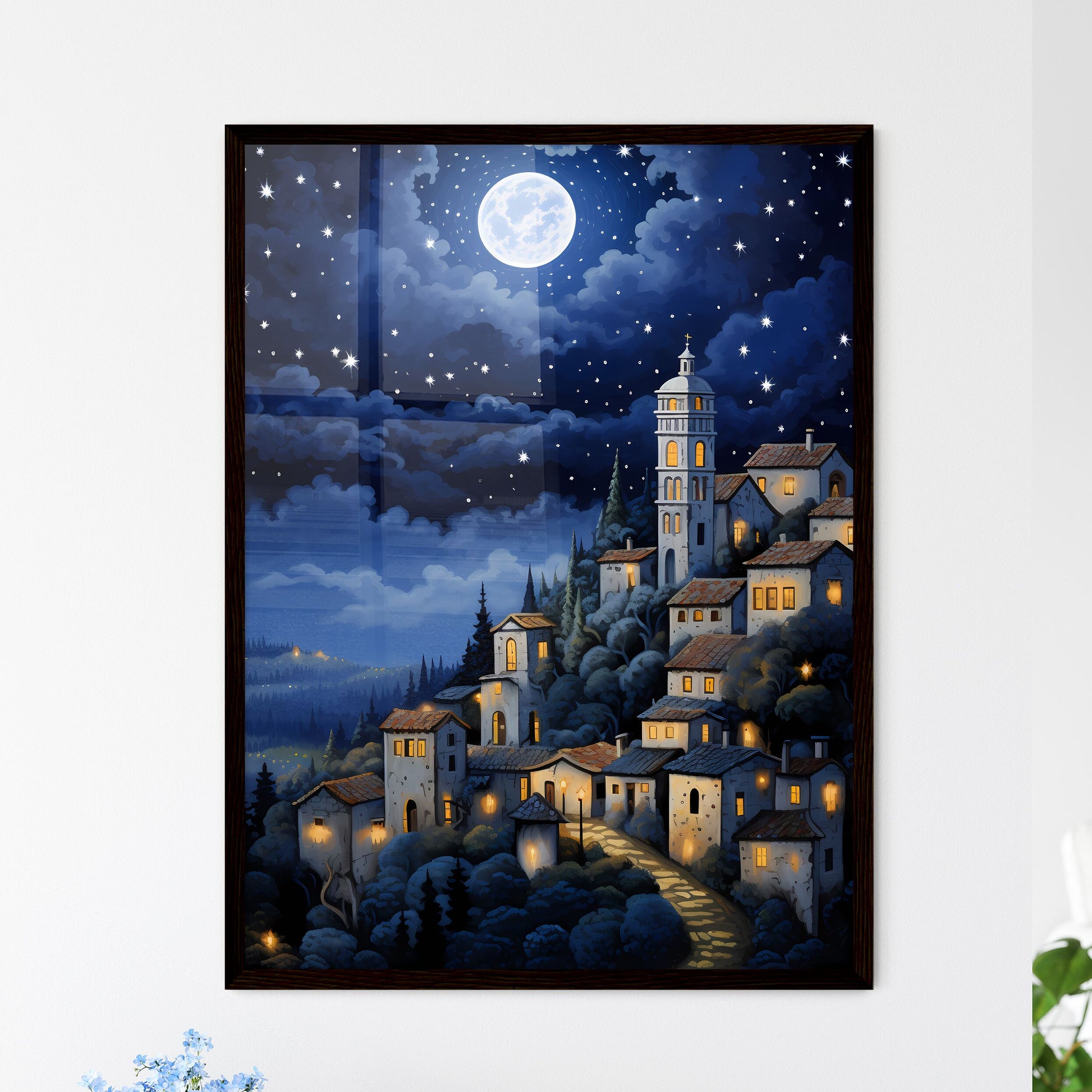 A Poster of painting of a night scene - A Painting Of A Town On A Hill Framed Art