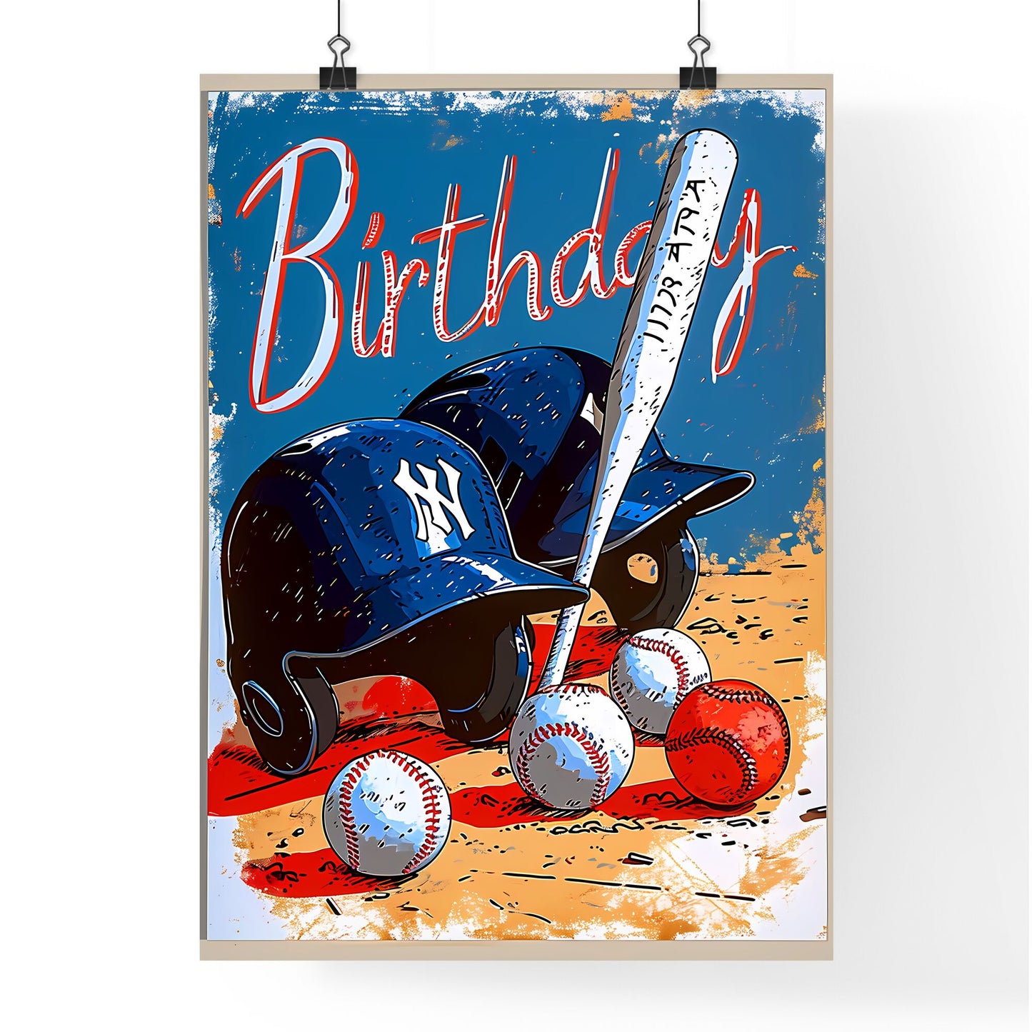 A Poster of a card adorned with baseballs - Baseball Helmet And Bat On A Baseball Field Default Title