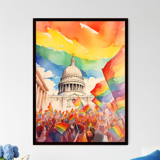 A Poster of lgbt pride illustration - A Group Of People Holding Rainbow Flags In Front Of A Building Framed Art