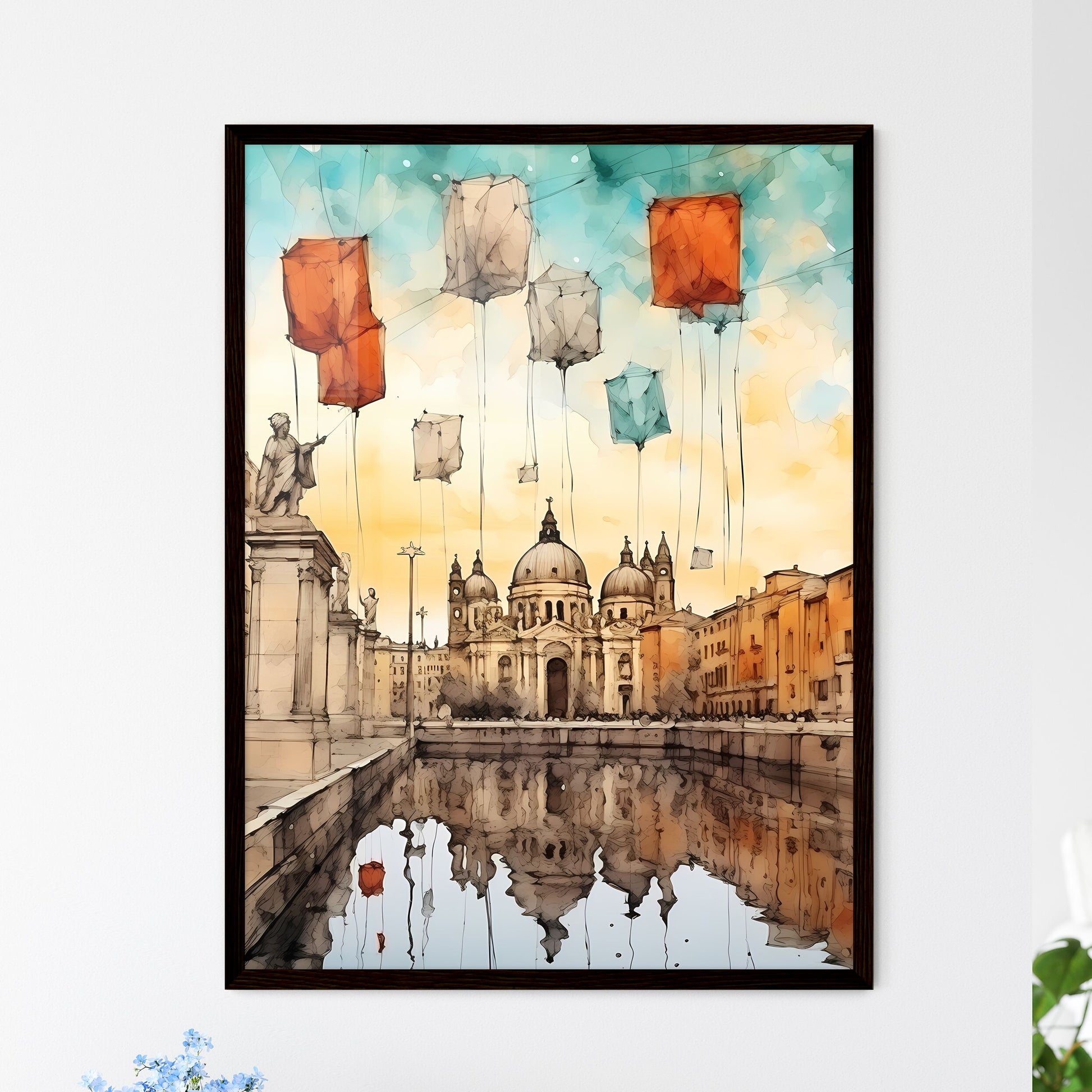 A Poster of Christmas greeting poster with christmas decorations - A Water Body With A Building And A Statue Framed Art