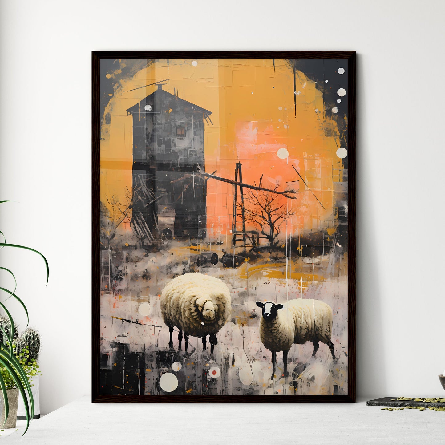 A Poster of Farm on The Plains of Obscurity - A Painting Of Sheep In A Field Framed Art