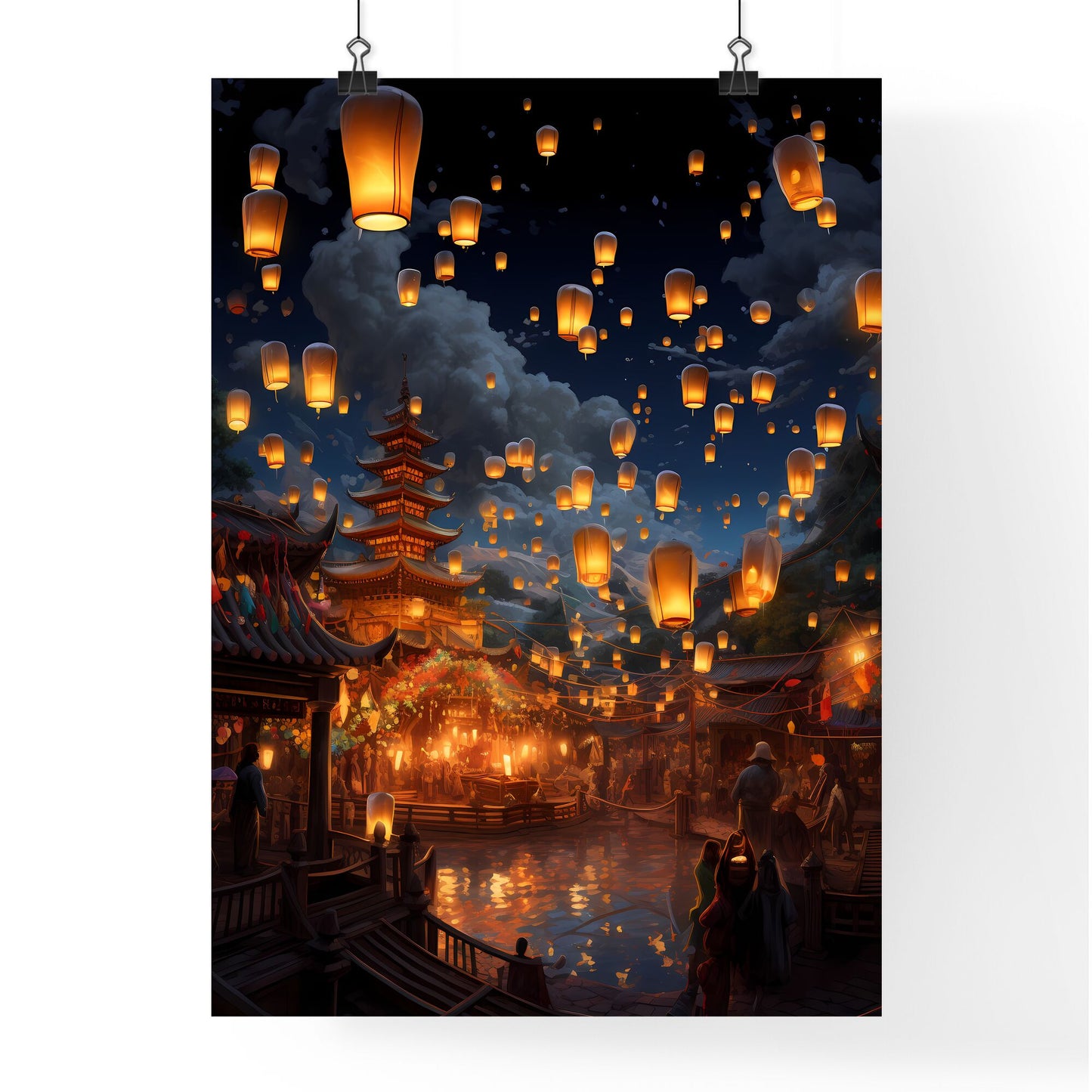 A Poster of Celebration scene with 100 lanterns - A Building With Lanterns In The Sky Default Title