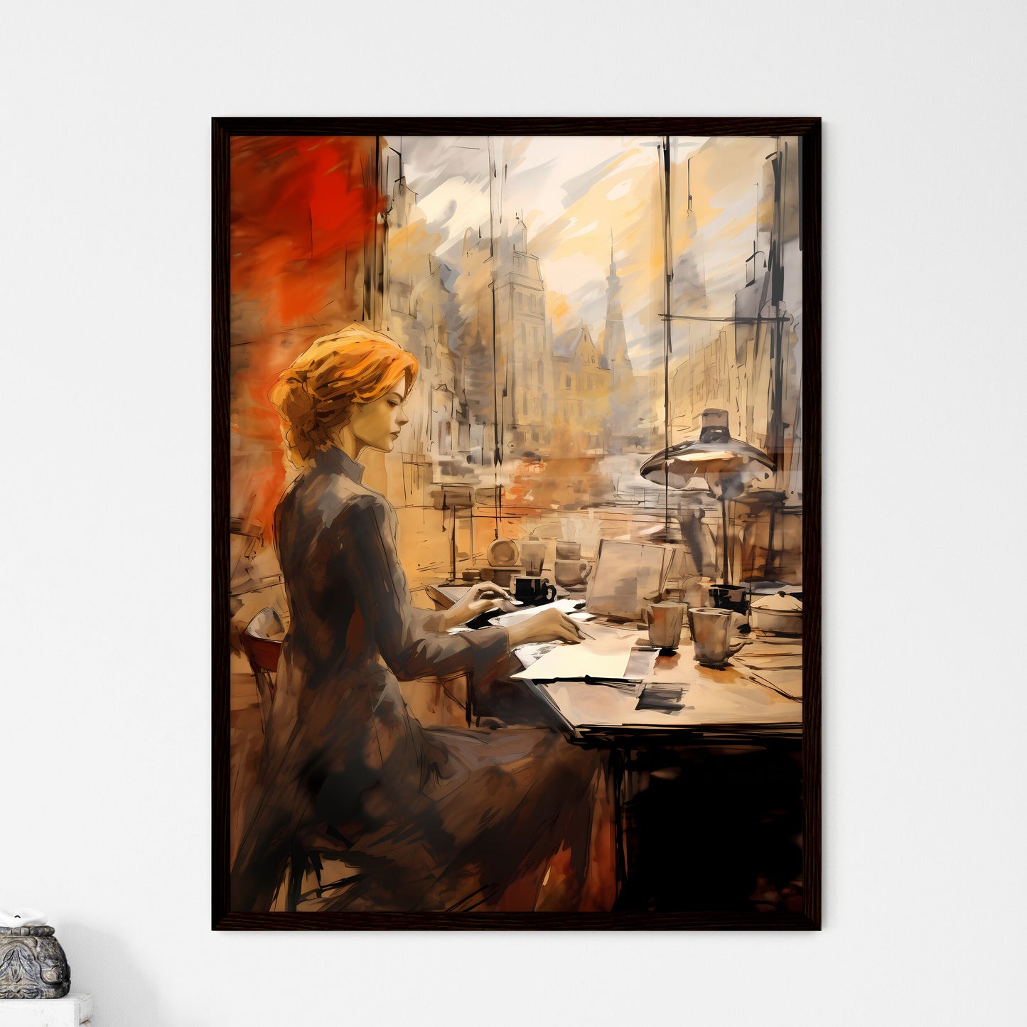 A Poster of Woman working at loft office - A - Framed Art Print
