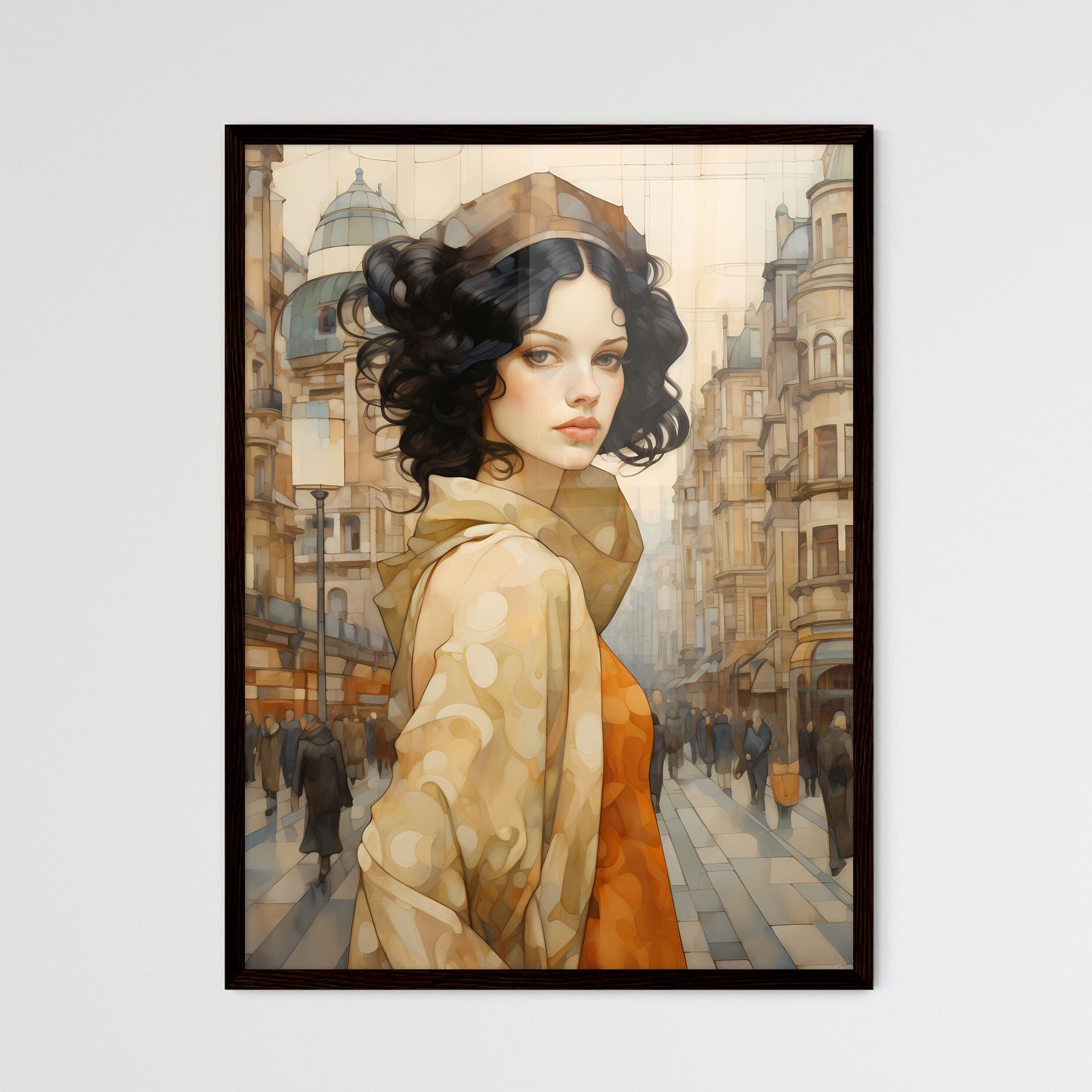 A Poster of art deco noveaux - A Woman In A City Street Framed Art