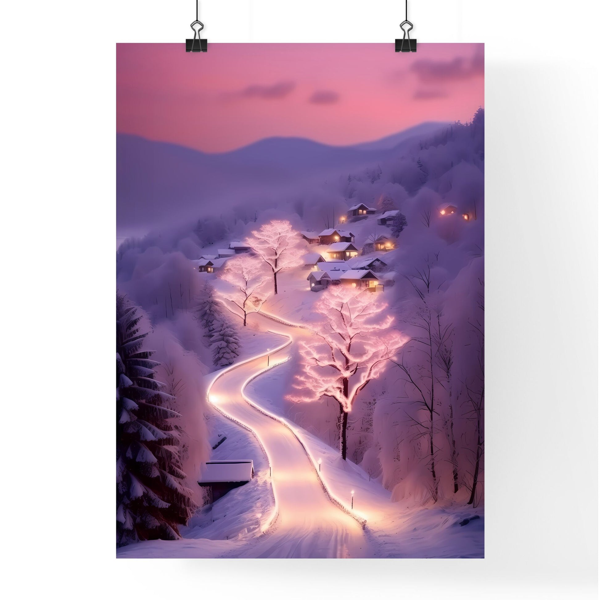 A Poster of beautiful snow scene, pink snow - A Road In The Snow With Houses And Trees Default Title