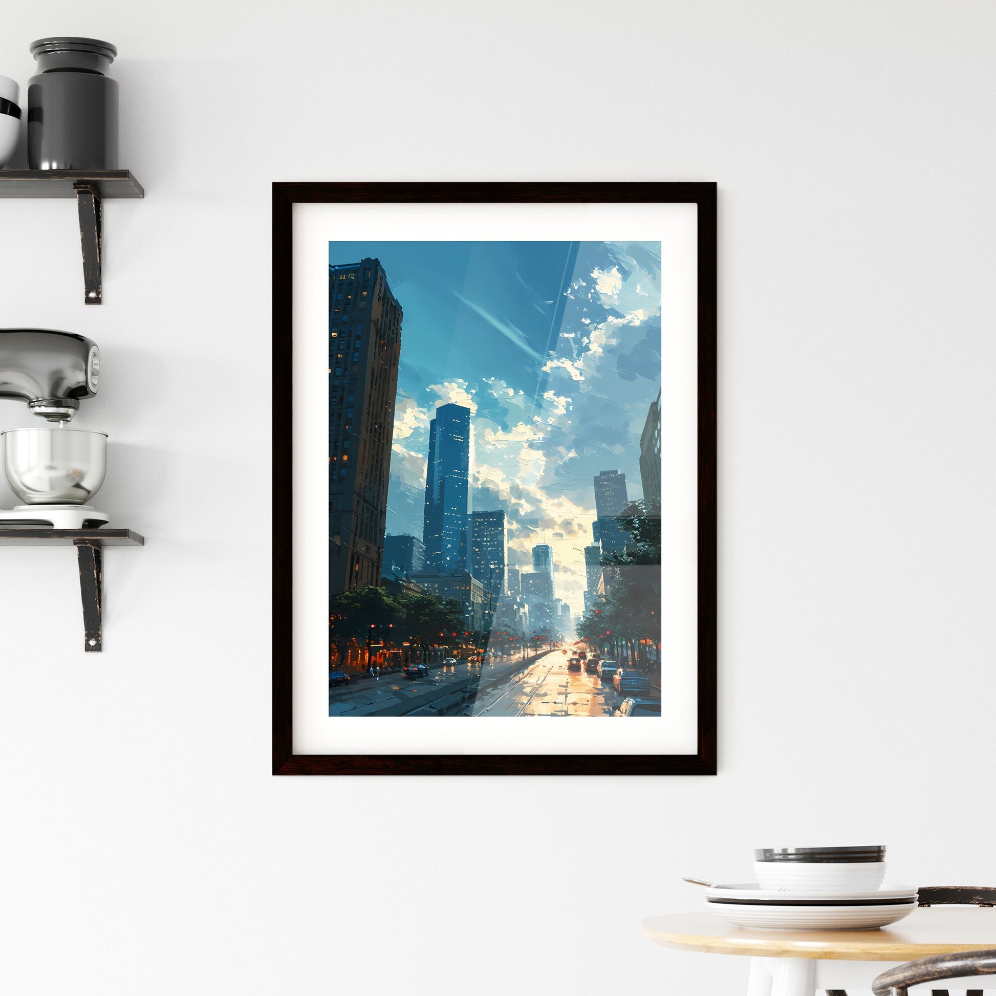 A Poster of Houston Skyline - A City Street With Tall Buildings Default Title