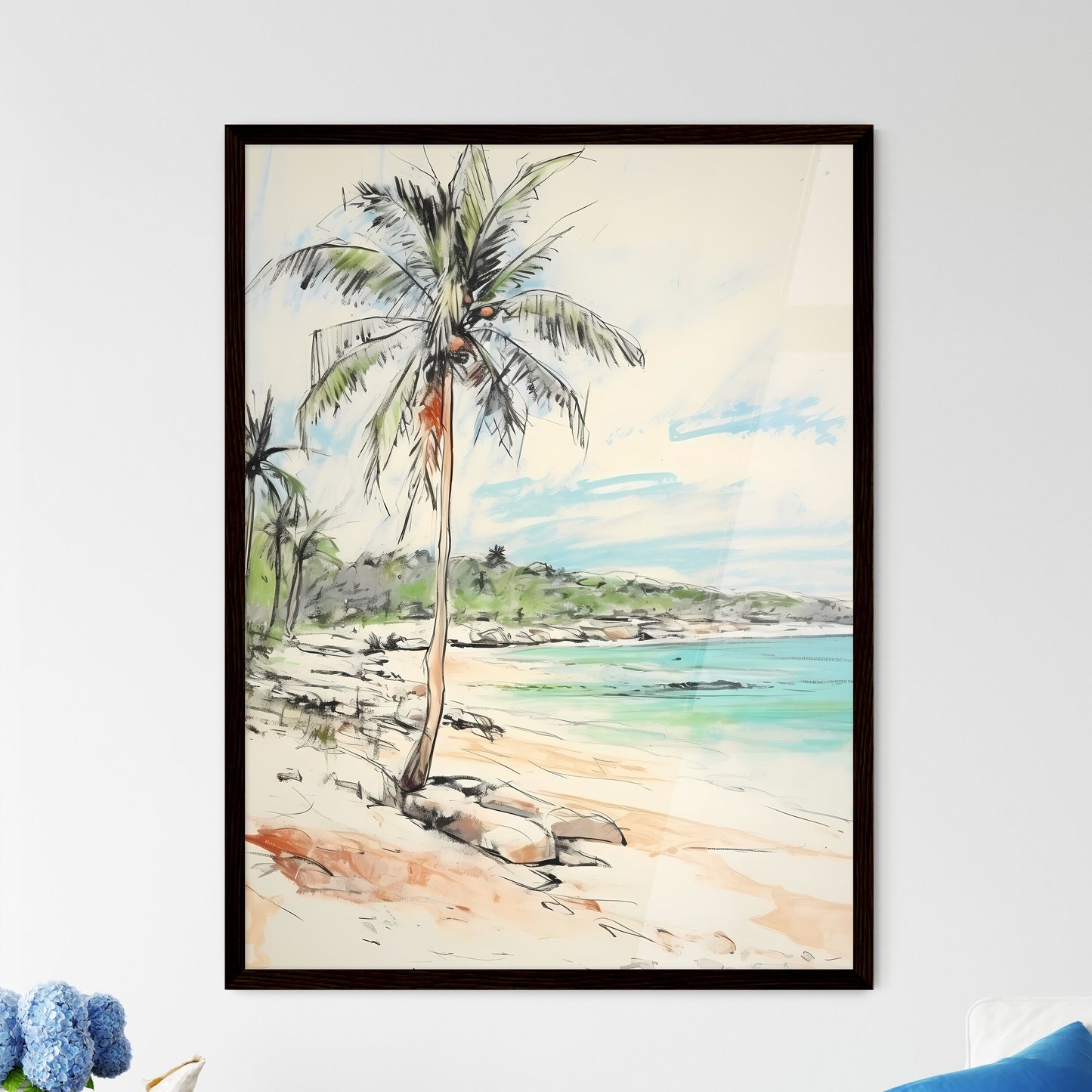A Poster of palm tree on paradise beach - A  - Framed Art Print