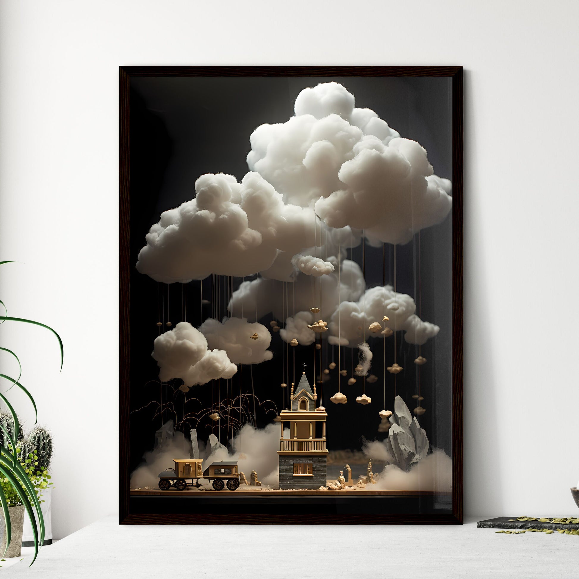 A Poster of clouds are over a dark backgroun - Framed Art Print