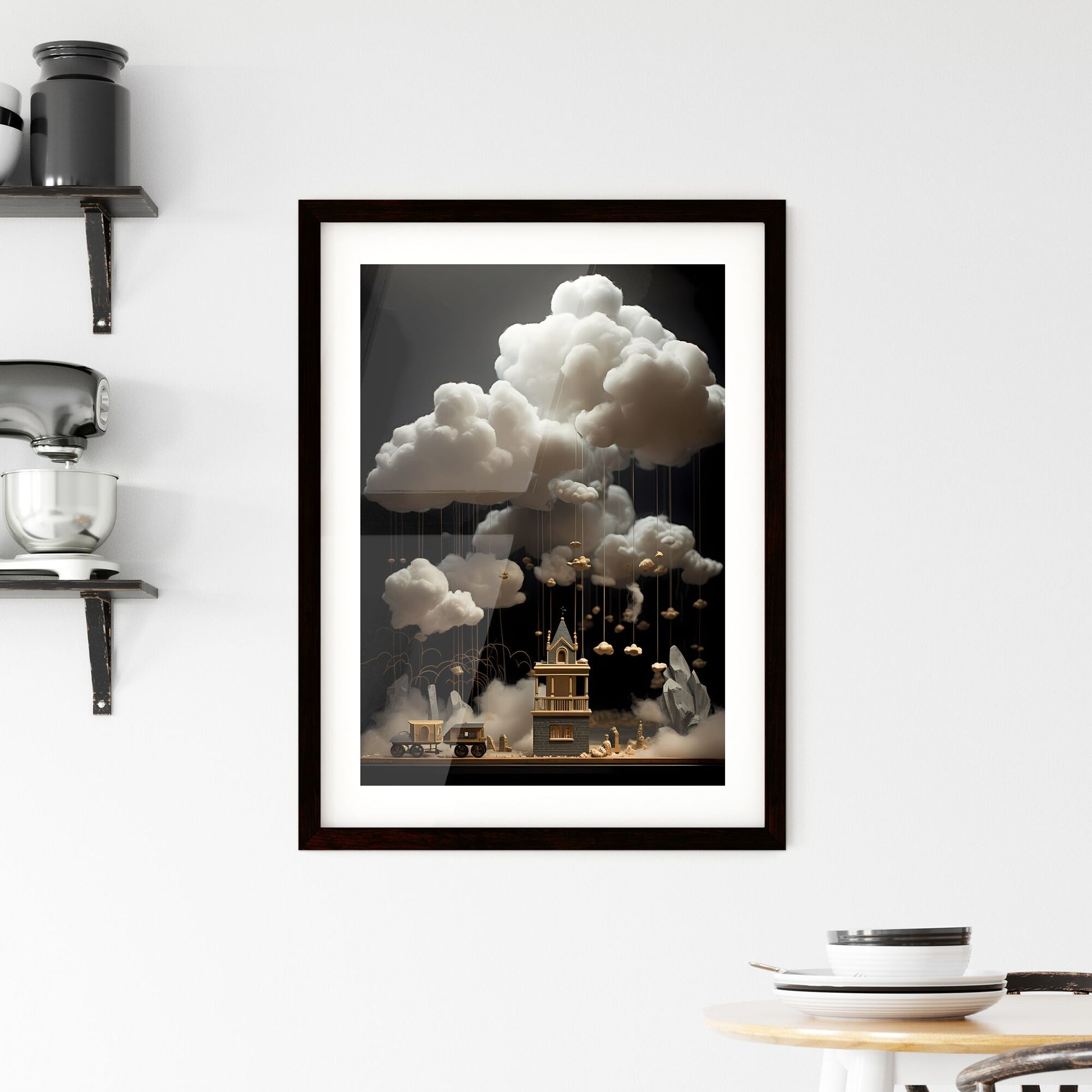 A Poster of clouds are over a dark background - A Building With Clouds And Balls Default Title