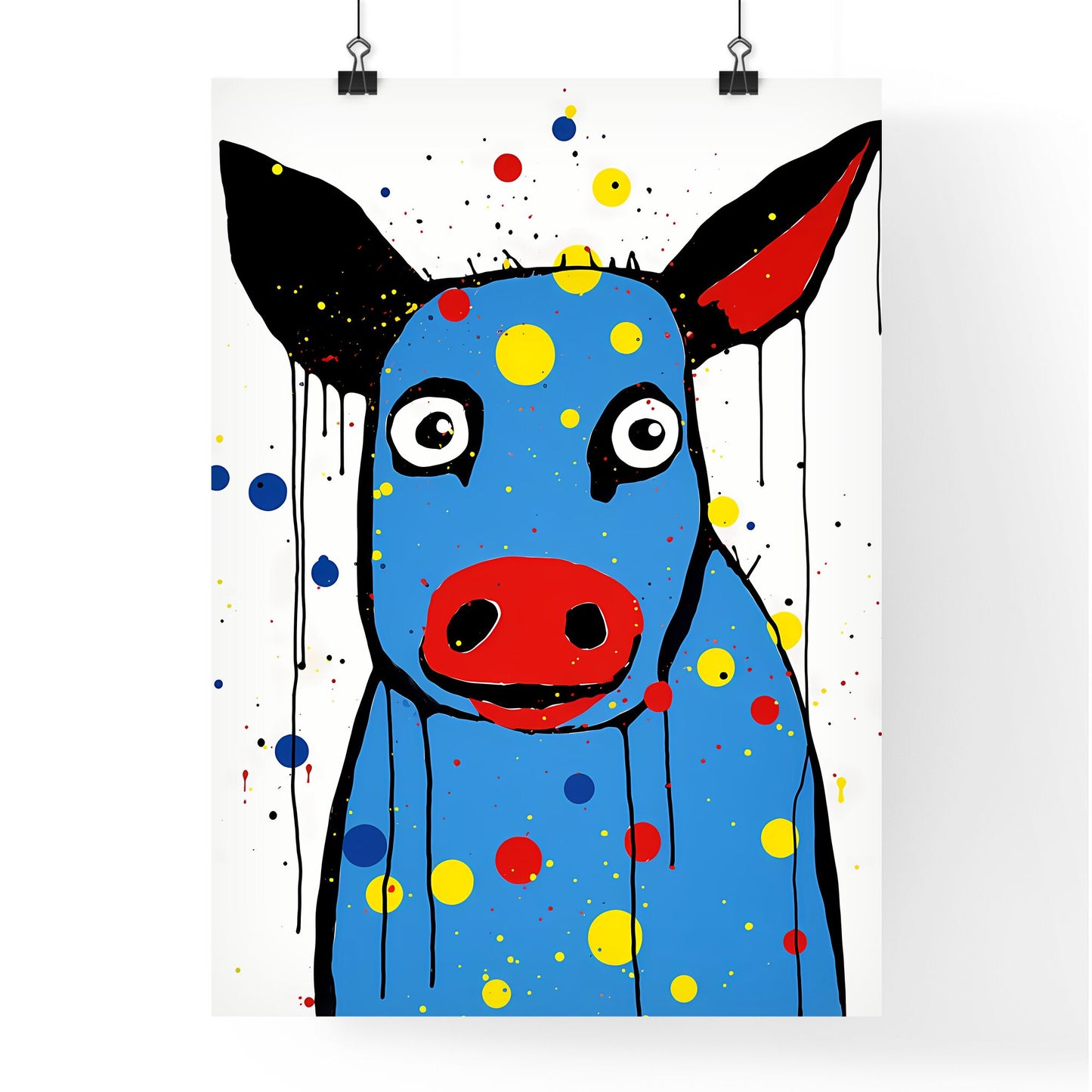 A Poster of minimalist pig art - A Blue Cow With Black Spots And Red Nose Default Title