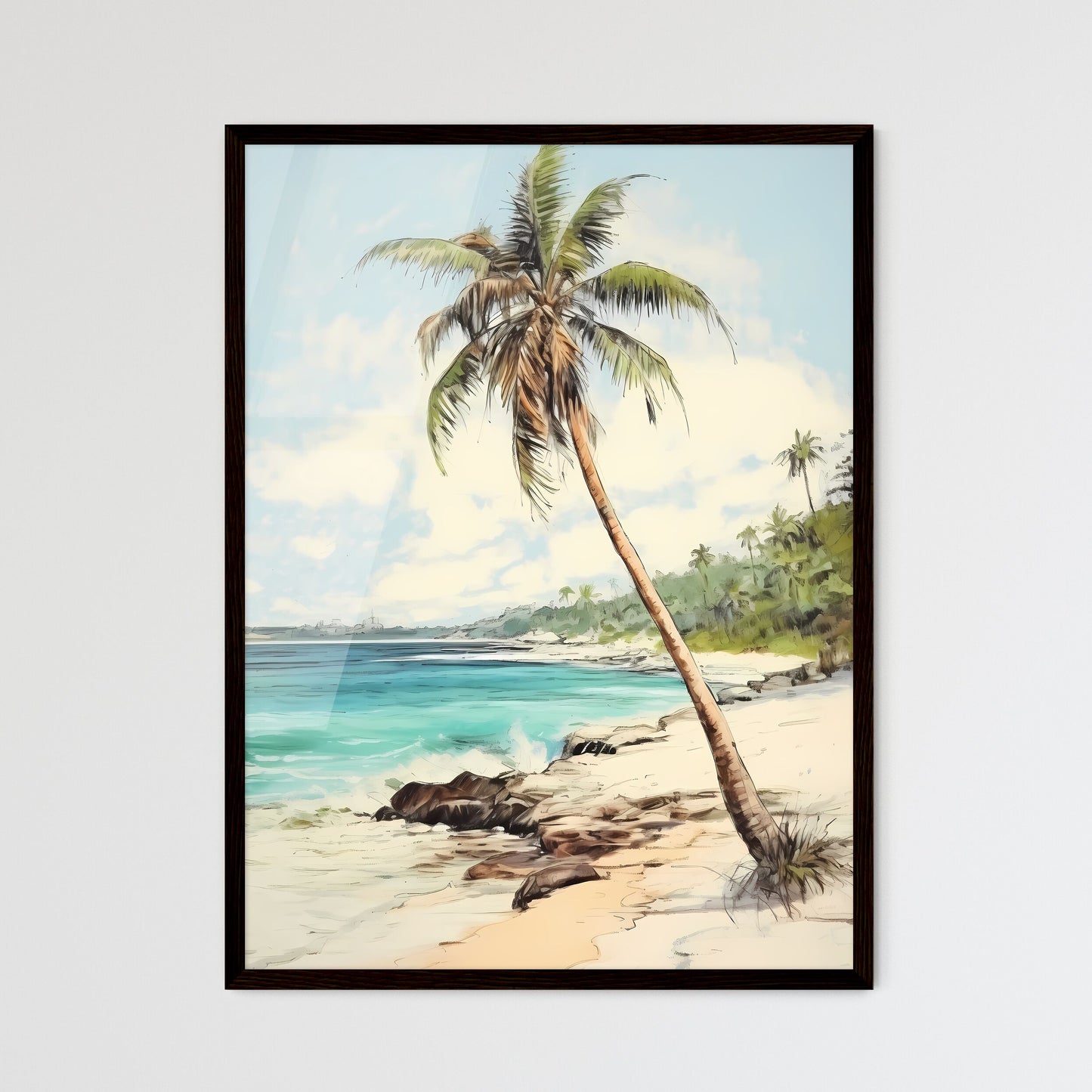A Poster of palm tree on paradise beach - A  - Framed Art Print