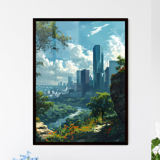 A Poster of Houston Skyline - A City Landscape With Trees And A River Default Title