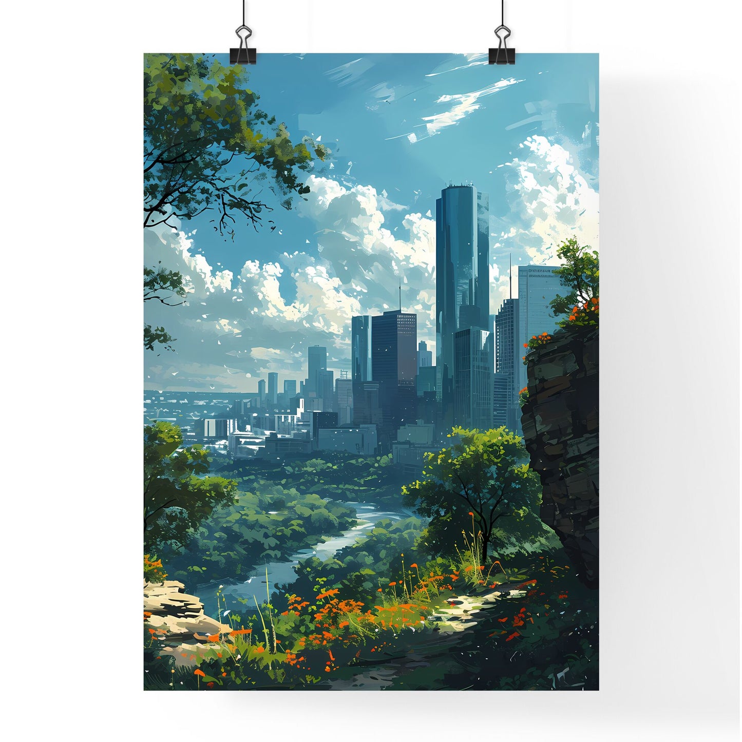 A Poster of Houston Skyline - A City Landscape With Trees And A River Default Title