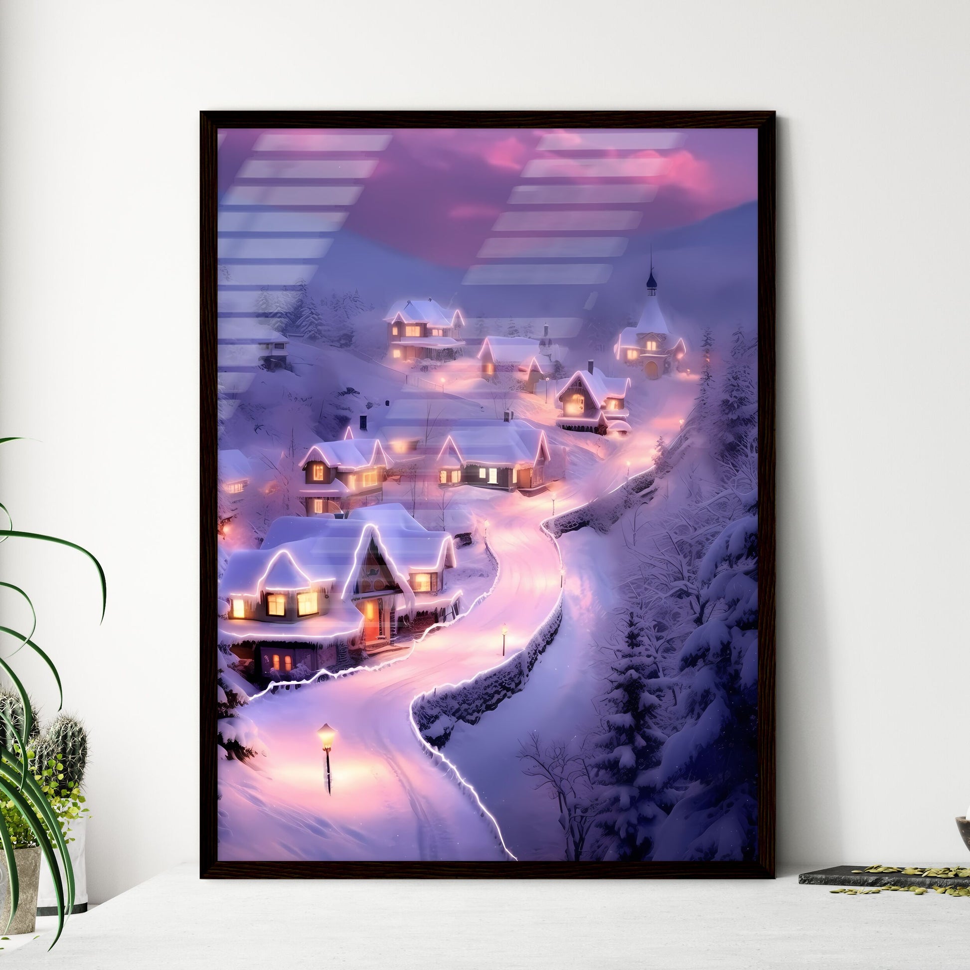 A Poster of beautiful snow scene, pink snow - A Snowy Village With Lights On The Roof Framed Art