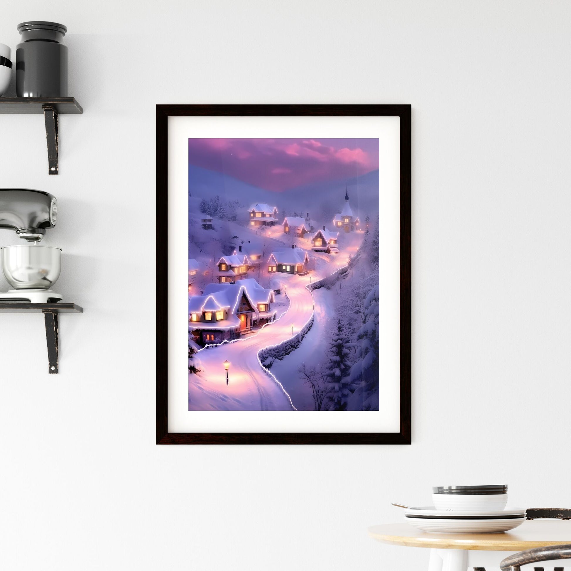 A Poster of beautiful snow scene, pink snow - A Snowy Village With Lights On The Roof Default Title