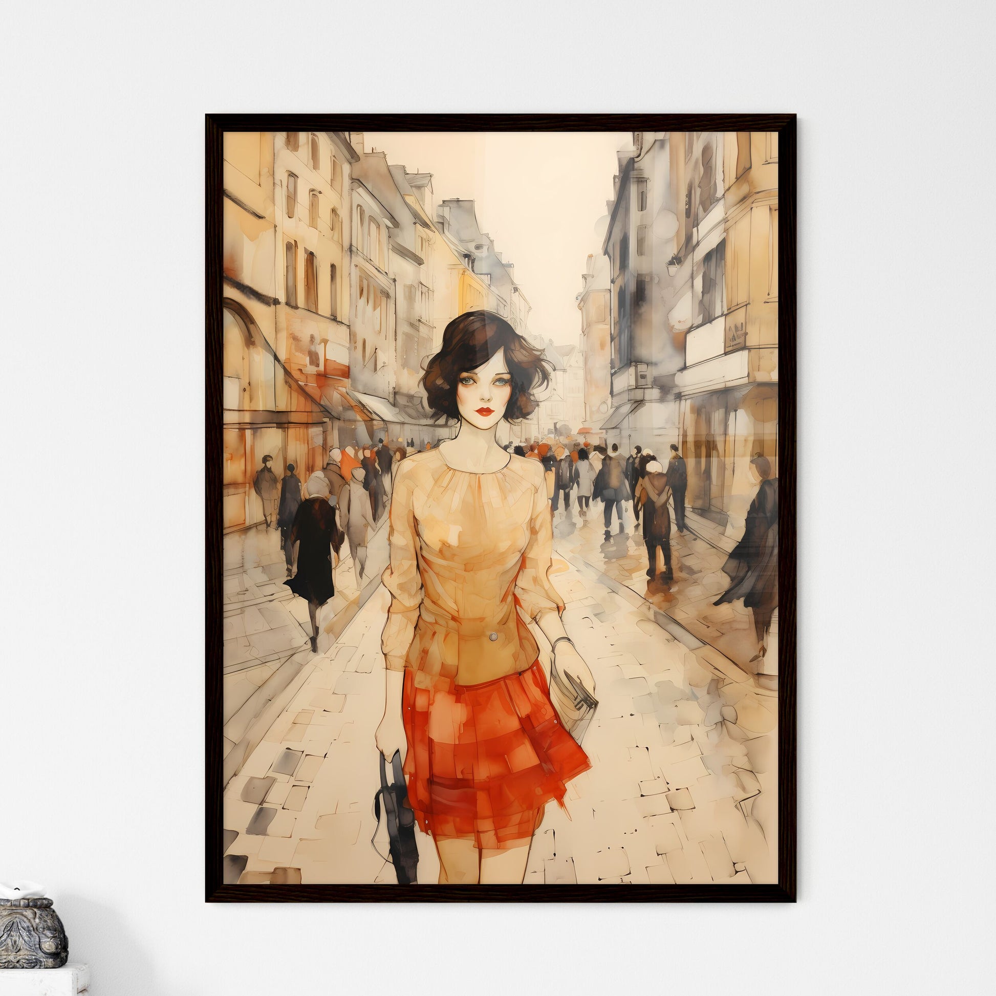 A Poster of art deco noveaux - A Woman Walking Down A Street Framed Art