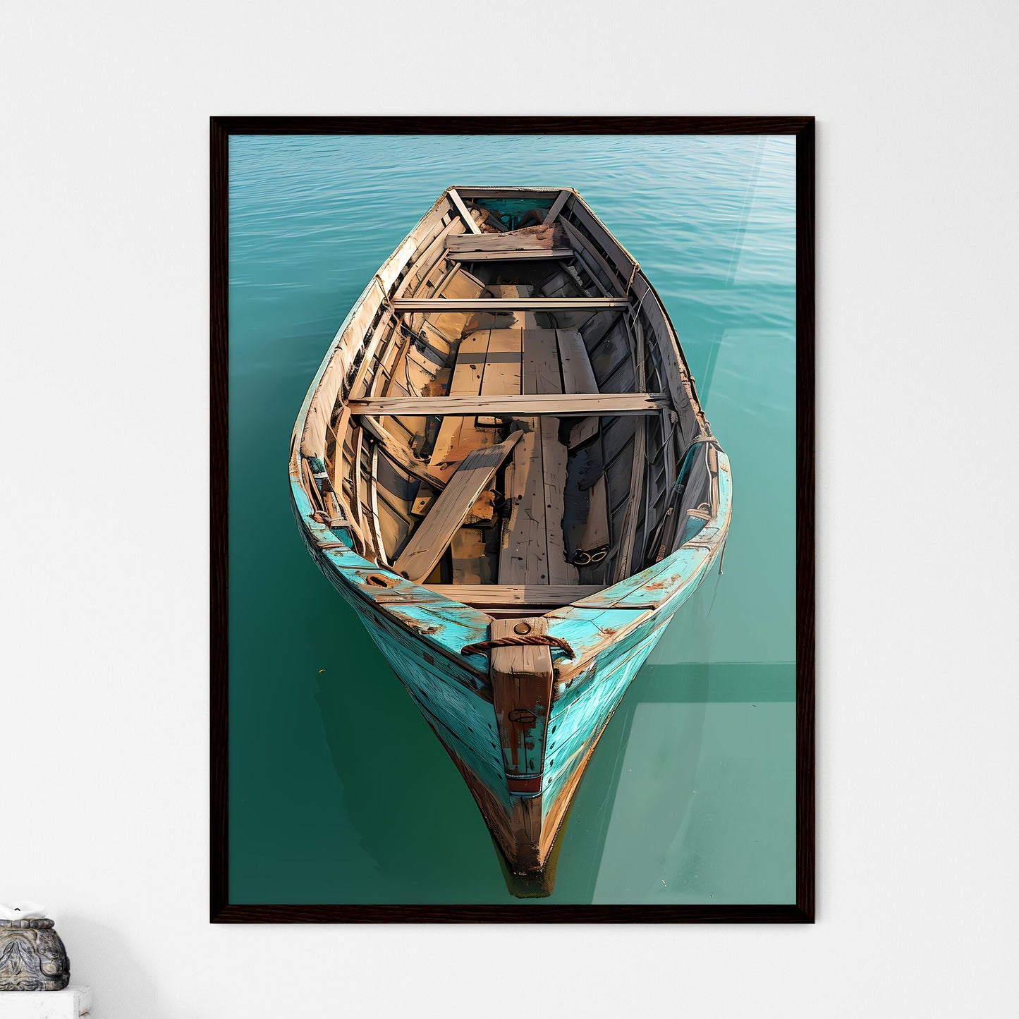 A Poster of flat lay of a retro fishing boat - Framed Art Print