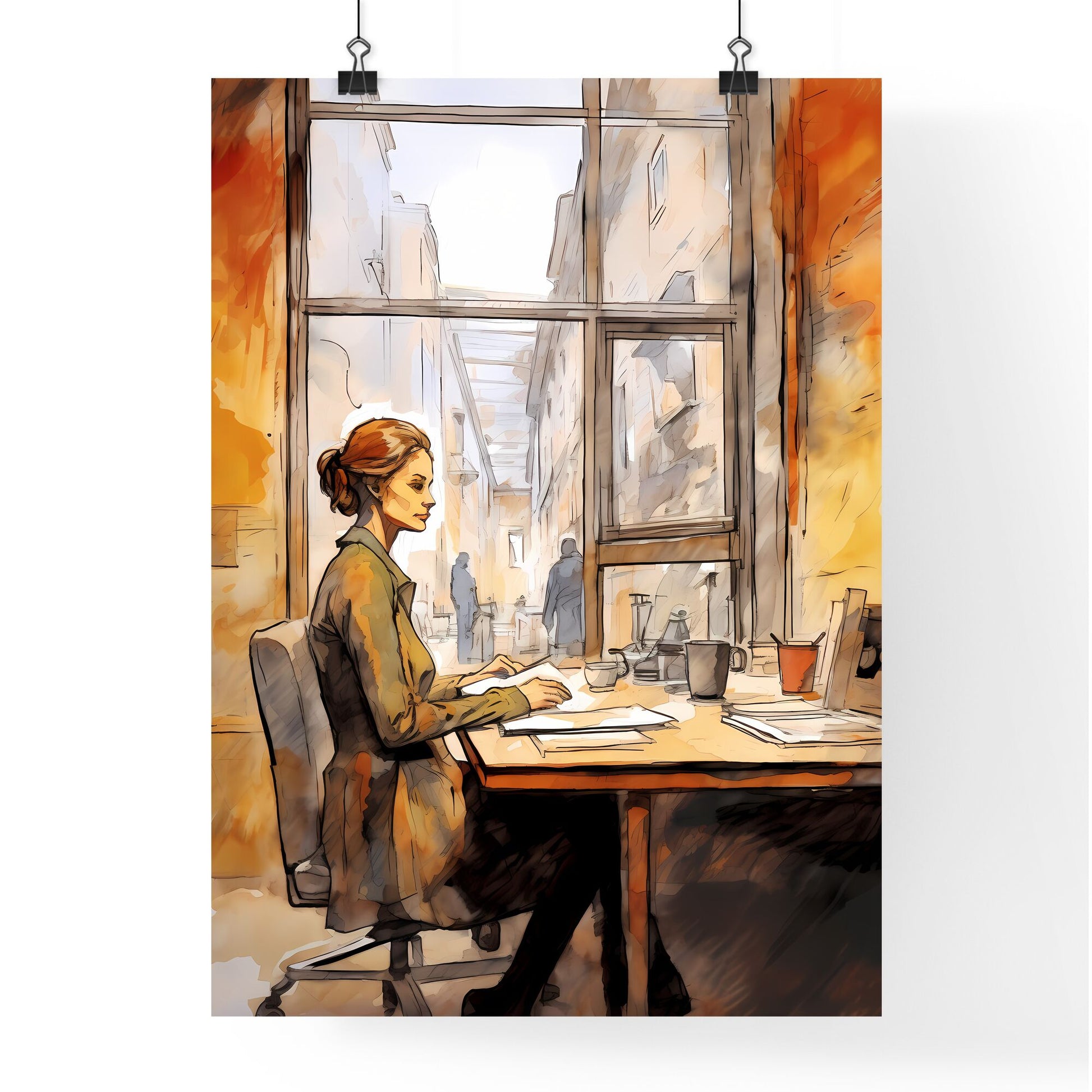 A Poster of Woman working at loft office - A Woman Sitting At A Desk Default Title