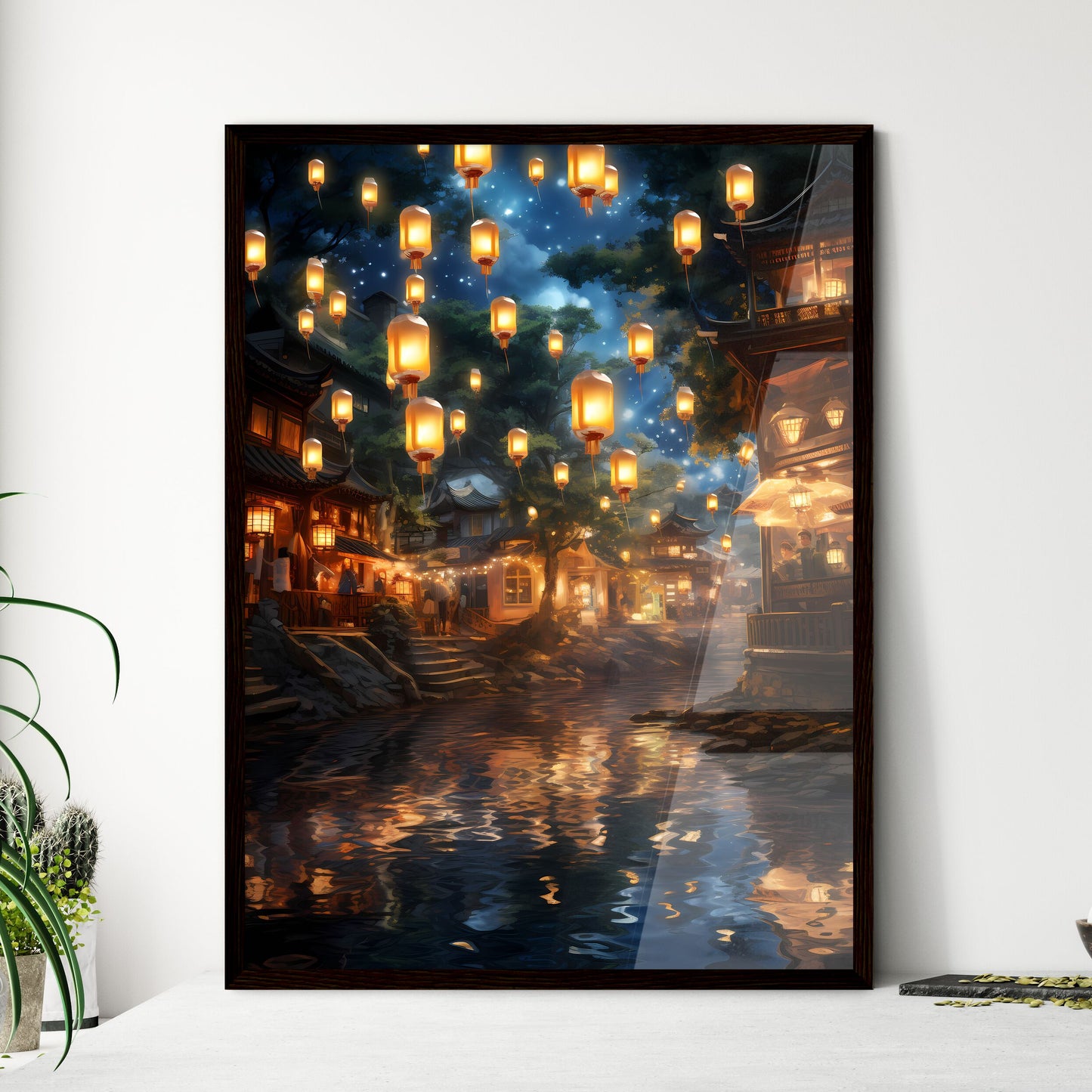 A Poster of Celebration scene with 100 lanterns - A River With Lanterns From It Framed Art