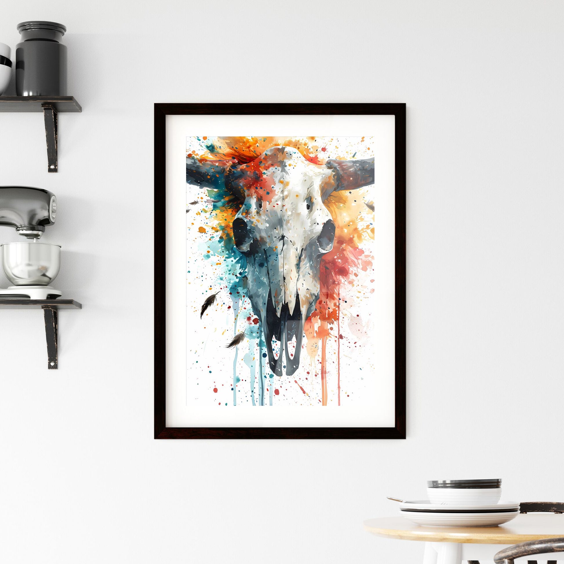 A Poster of native american cow skull - A Painting Of A Skull With Colorful Splashes Default Title