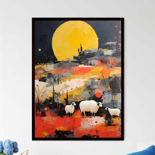 A Poster of Farm on The Plains of Obscurity - A Painting Of Sheep In A Field With A Yellow Moon Default Title