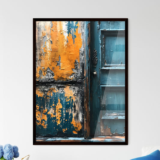 A Poster of vintage wallpaper design - A Blue Door With Peeling Paint Framed Art