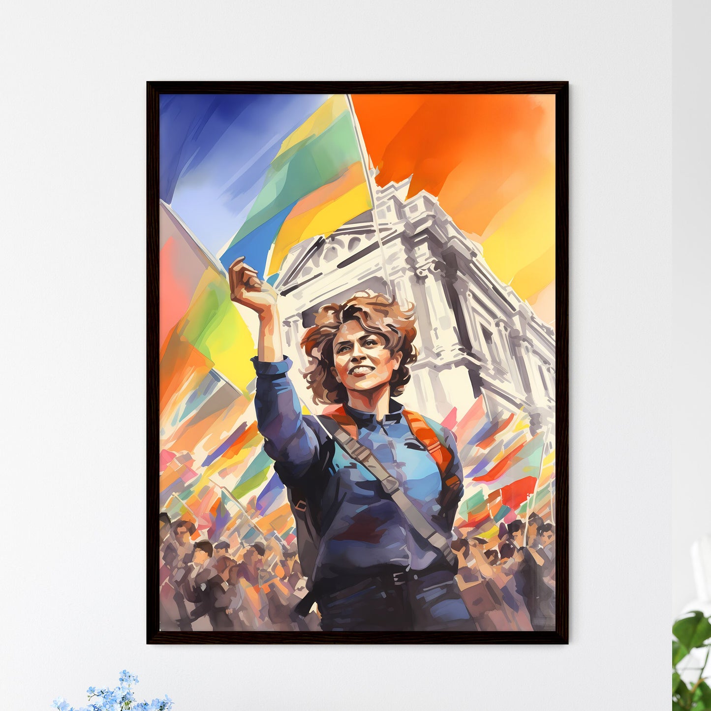 A Poster of lgbt pride illustration - A Woman Holding A Flag In Front Of A Crowd Of People Framed Art