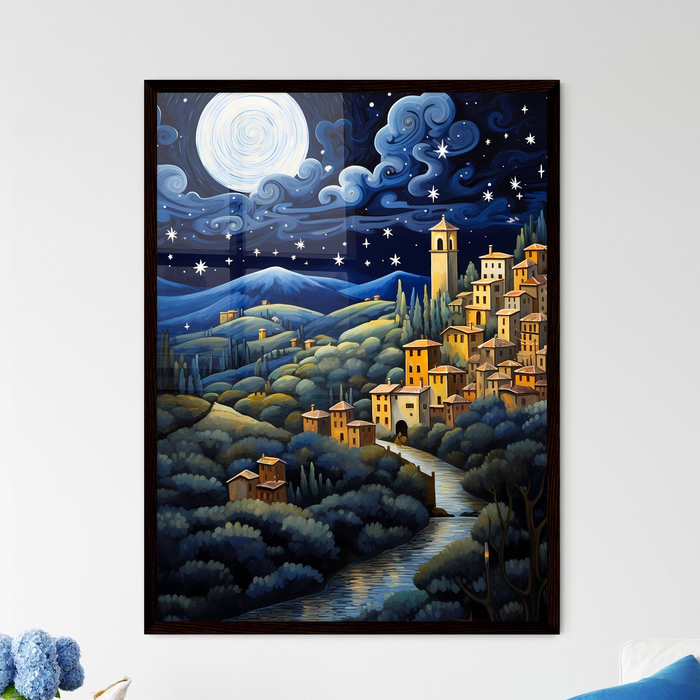 A Poster of painting of a night scene - A Painting Of A Town In A Valley Framed Art