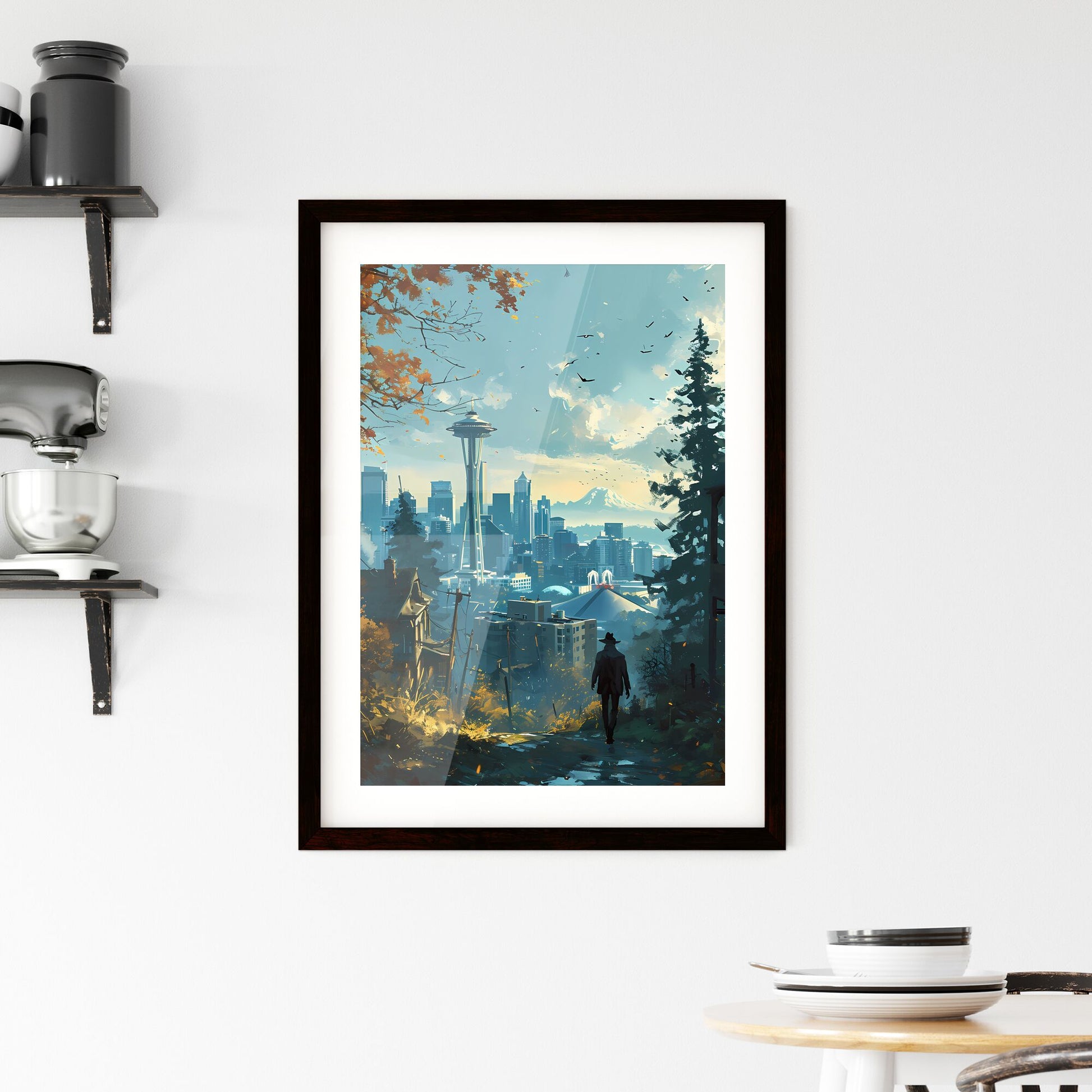 A Poster of Seattle Skyline - A Man Walking Down A Hill With A City In The Background Default Title