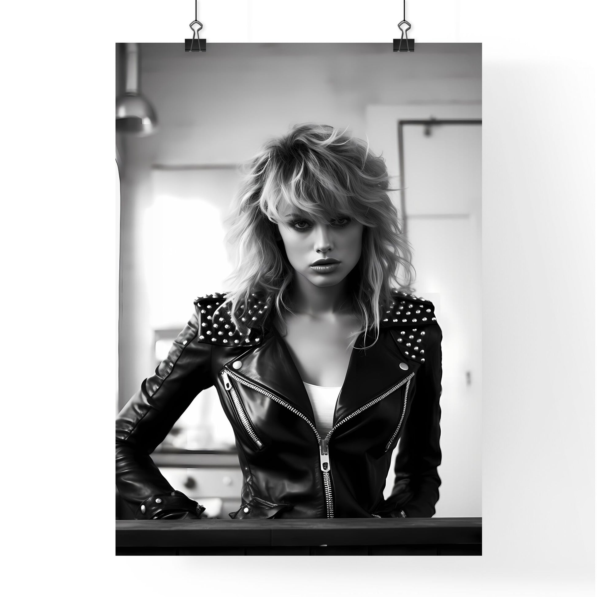 A Poster of leather goddess in a trendy kitchen - A Woman In A Leather Jacket Default Title