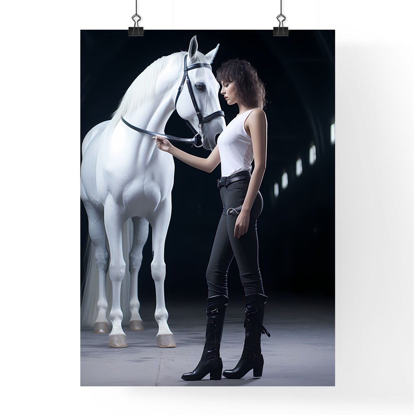 A Poster of a woman in black stiletto boots - A Woman Standing Next To A White Horse Default Title