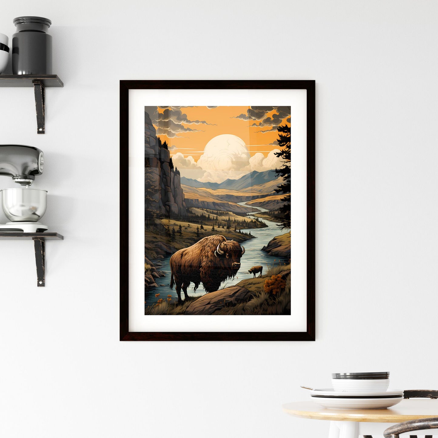 A Poster of Yellowstone National Park - A Buffalo Standing In A River Default Title