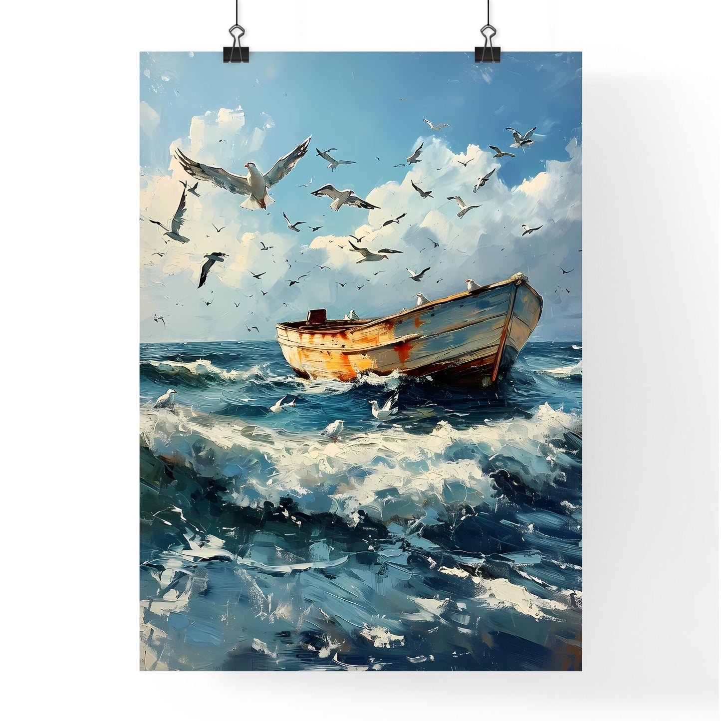 A Poster of Seascapes landscape - A Boat In The Water With Birds Flying Above Default Title