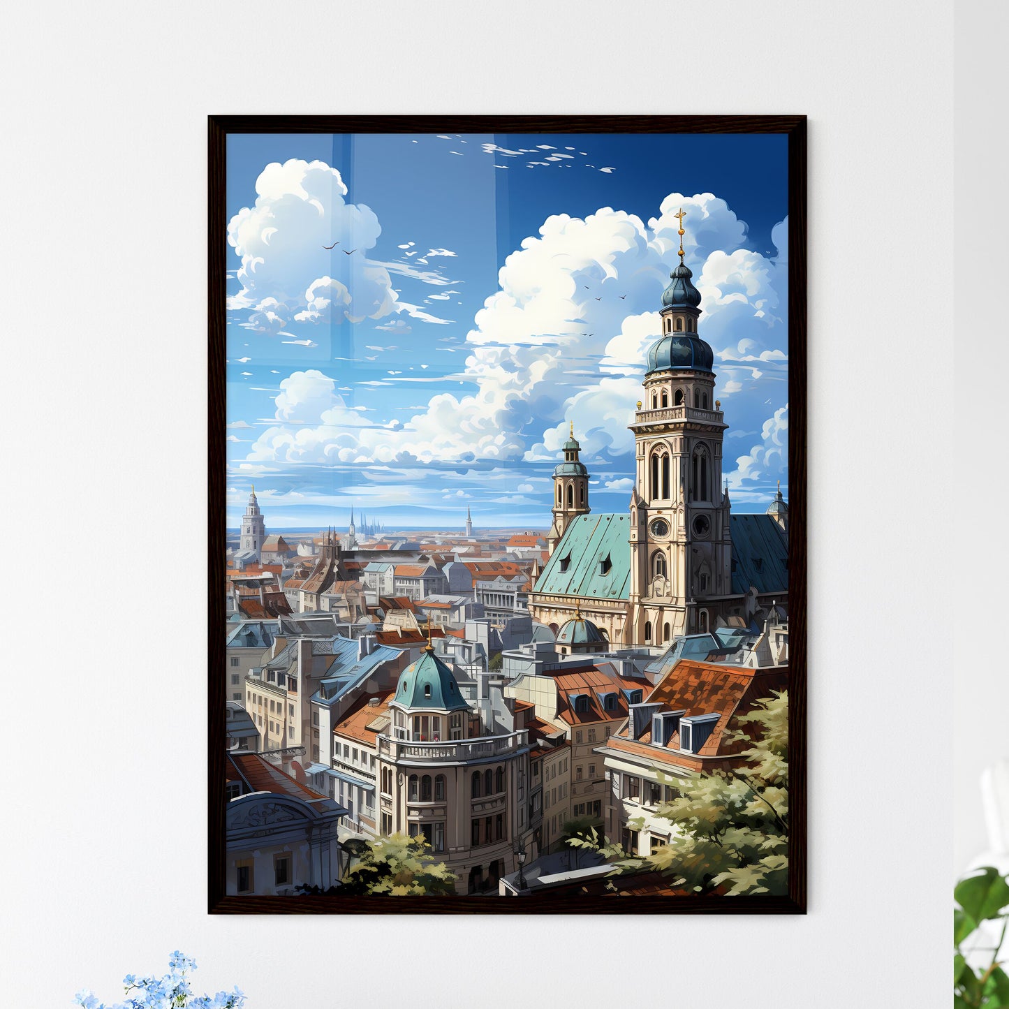 A Poster of the roofs of munich skyline - A City With A Tall Building Framed Art
