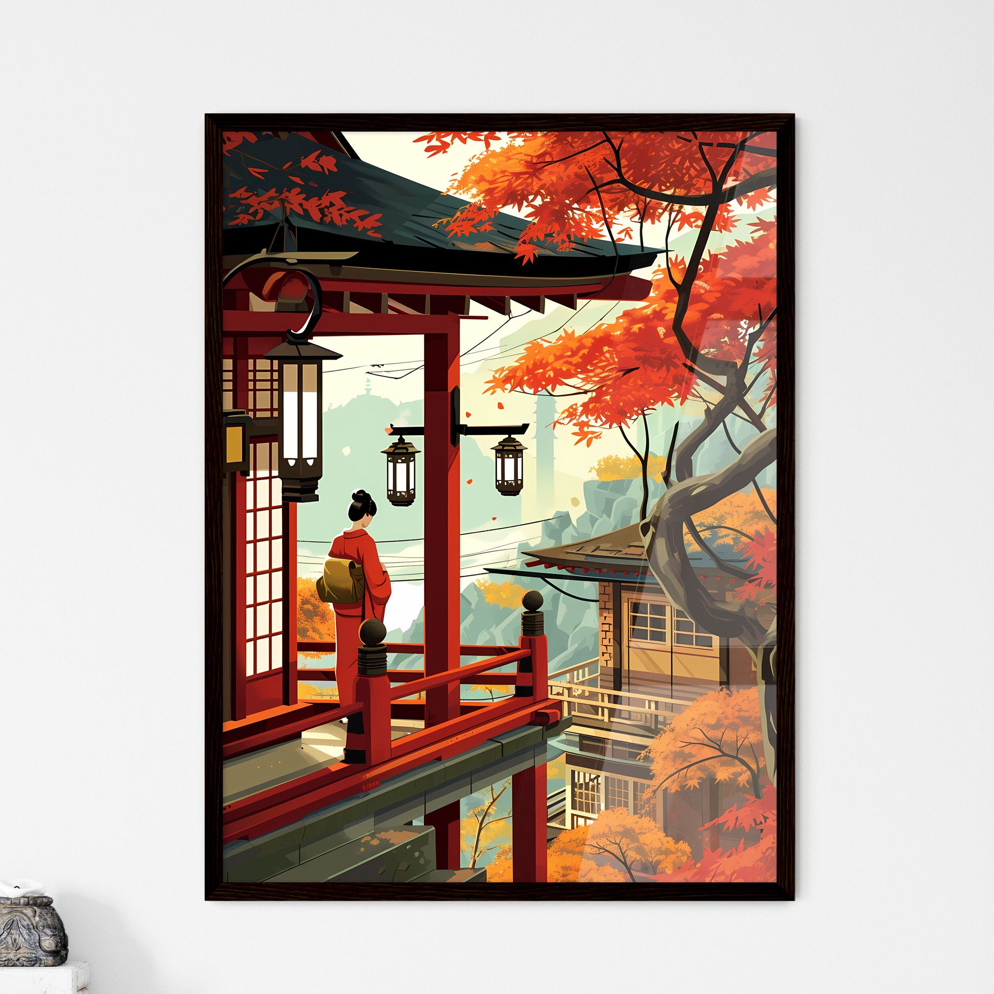 A Poster of Mount Fuji - A Woman Standing On A Balcony With Lanterns And Trees Default Title