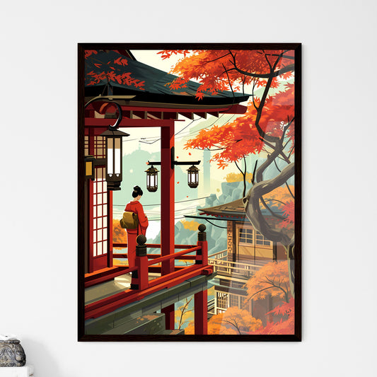 A Poster of Mount Fuji - A Woman Standing On A Balcony With Lanterns And Trees Default Title