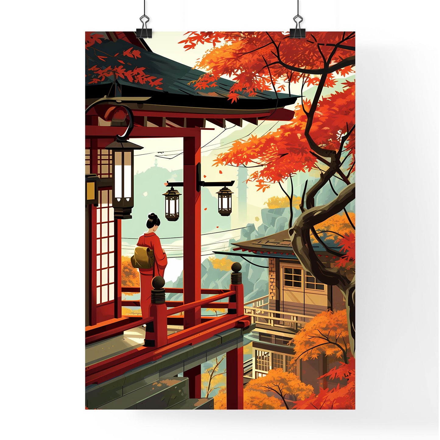 A Poster of Mount Fuji - A Woman Standing On A Balcony With Lanterns And Trees Default Title