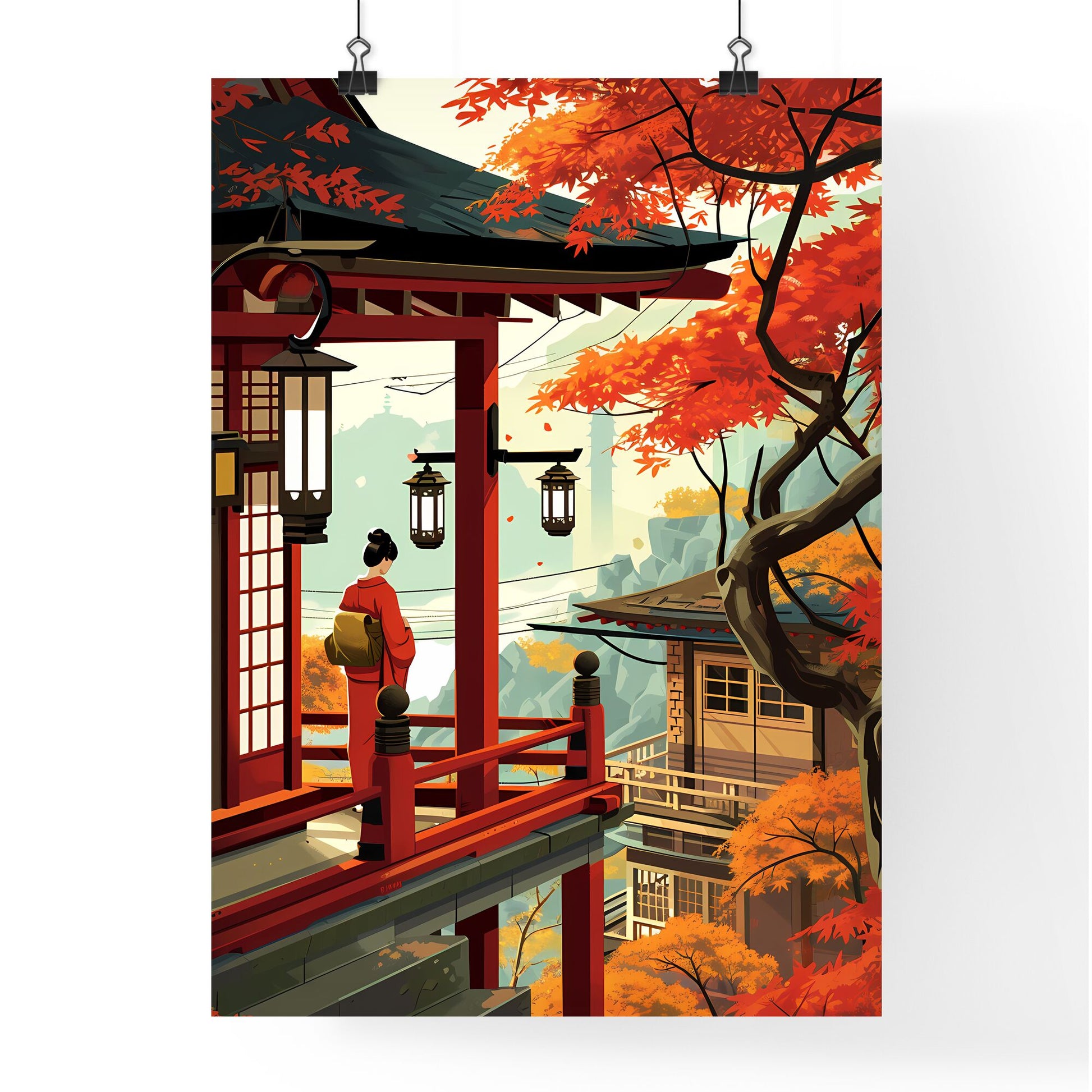 A Poster of Mount Fuji - A Woman Standing On A Balcony With Lanterns And Trees Default Title